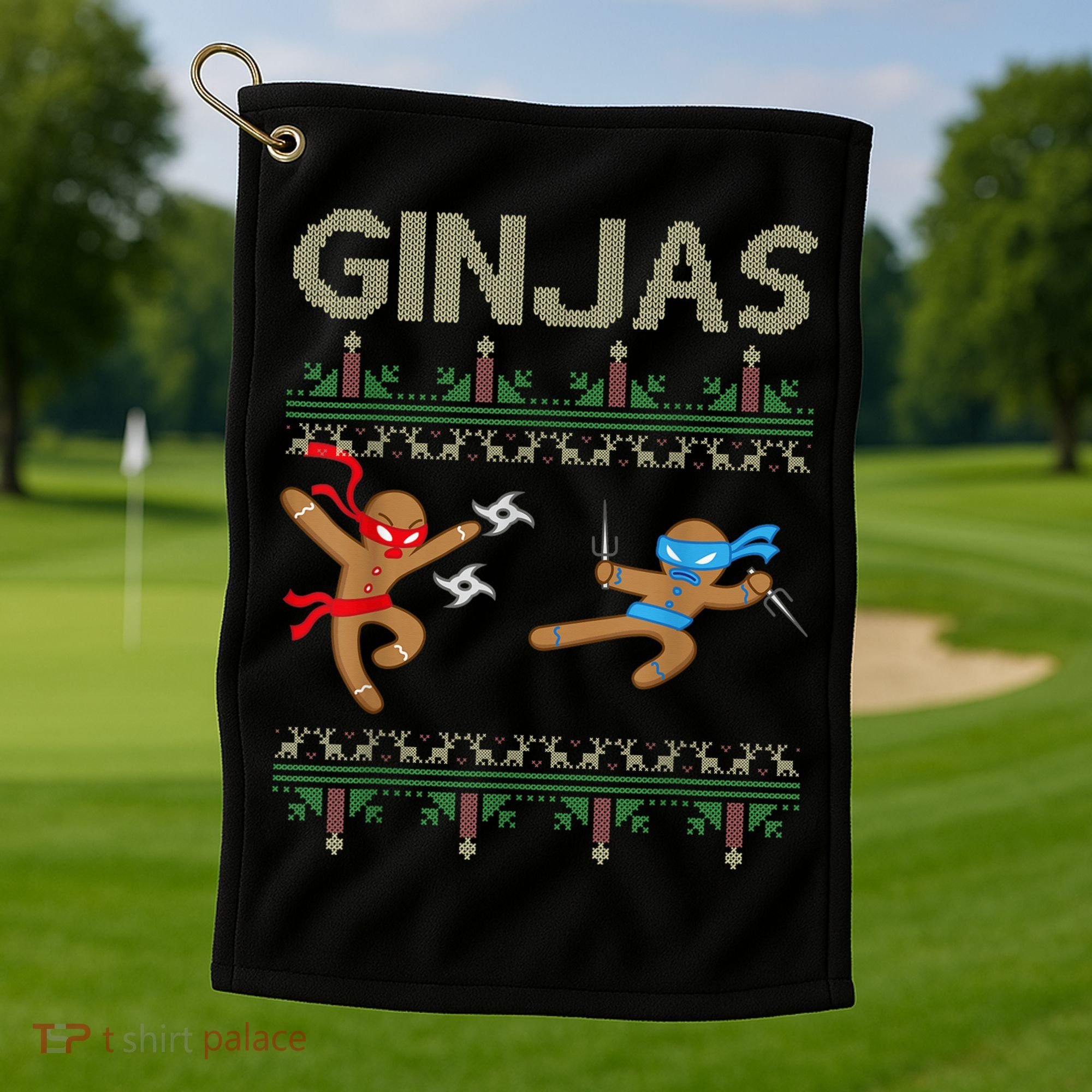 Ginjas Gingerbread Ninjas Throwing Stars Ugly Christmas Golf Towel