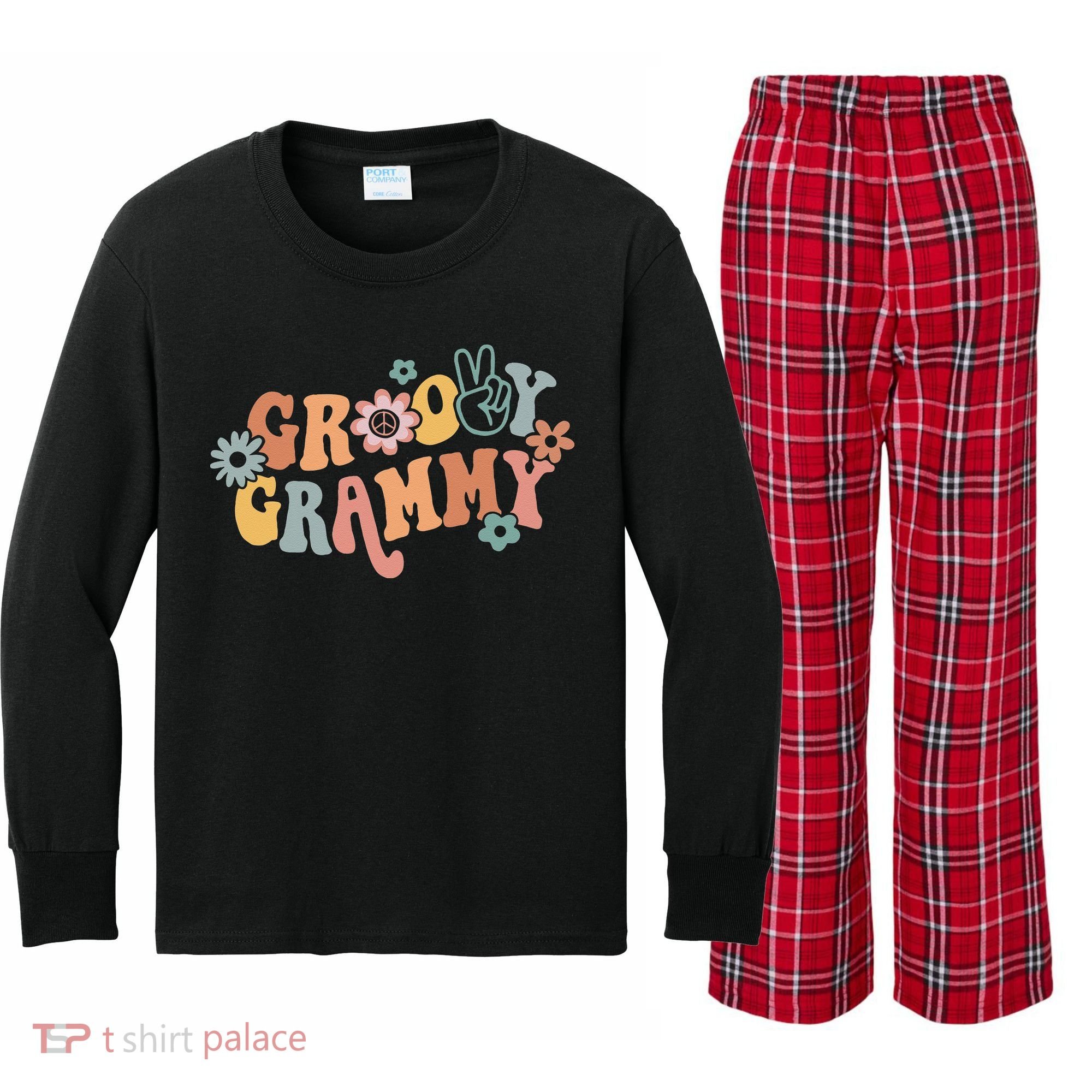 Groovy Grammy One Thankful Grammy Thanksgiving Christmas Kids Long Sleeve Plaid Pajama Set