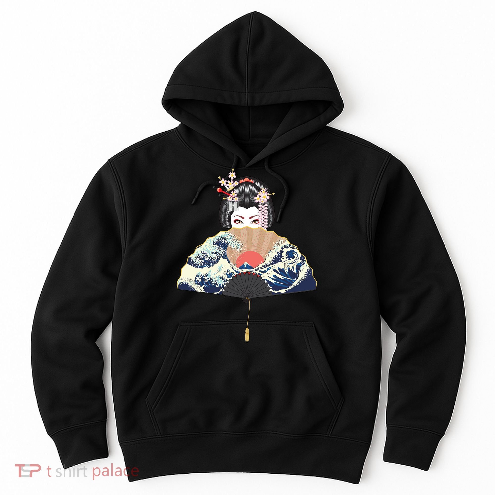Geisha Hiding Behind Fan Wave Retro Japanese Art Graphic Hoodie