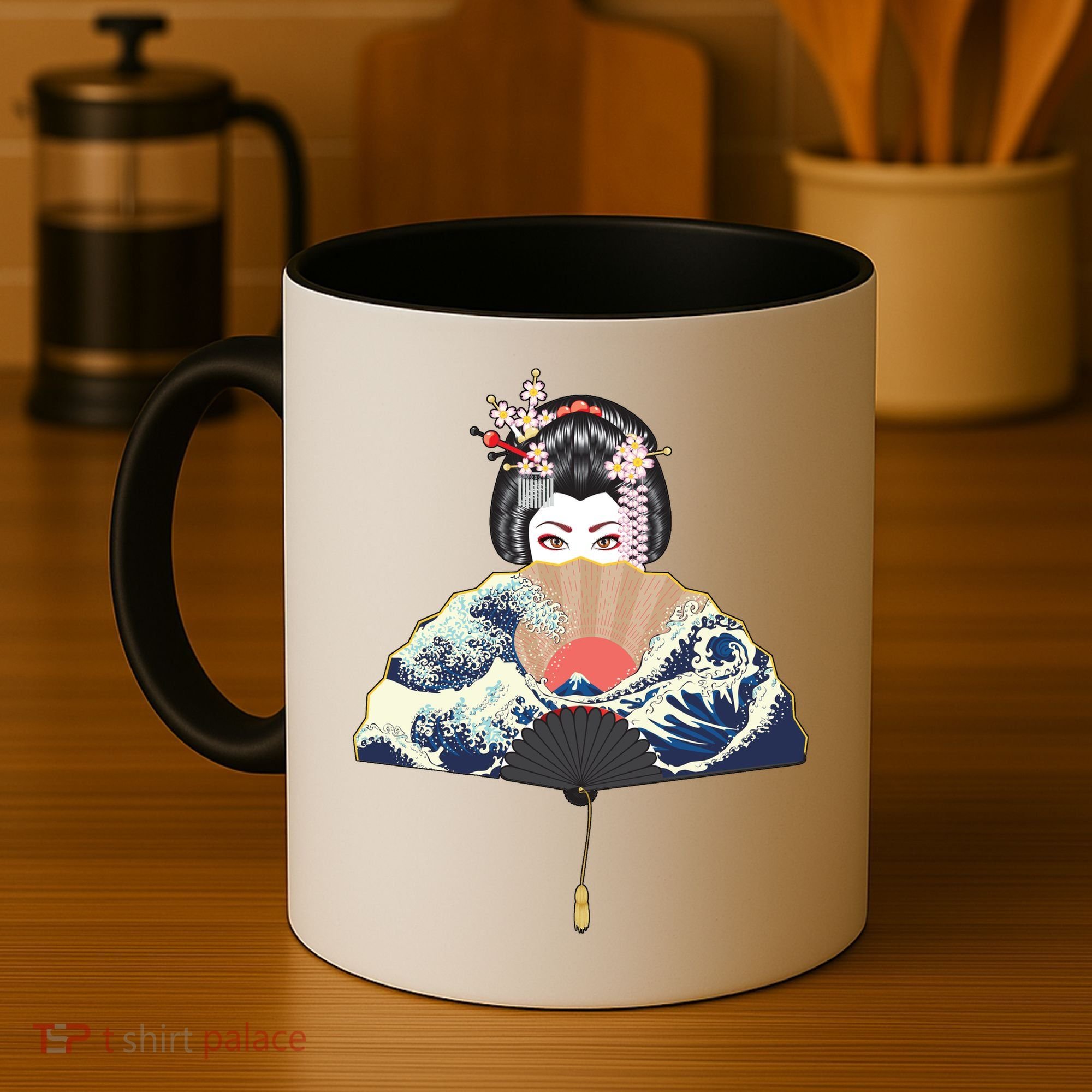 Geisha Hiding Behind Fan Wave Retro Japanese Art Graphic Coffee Mug
