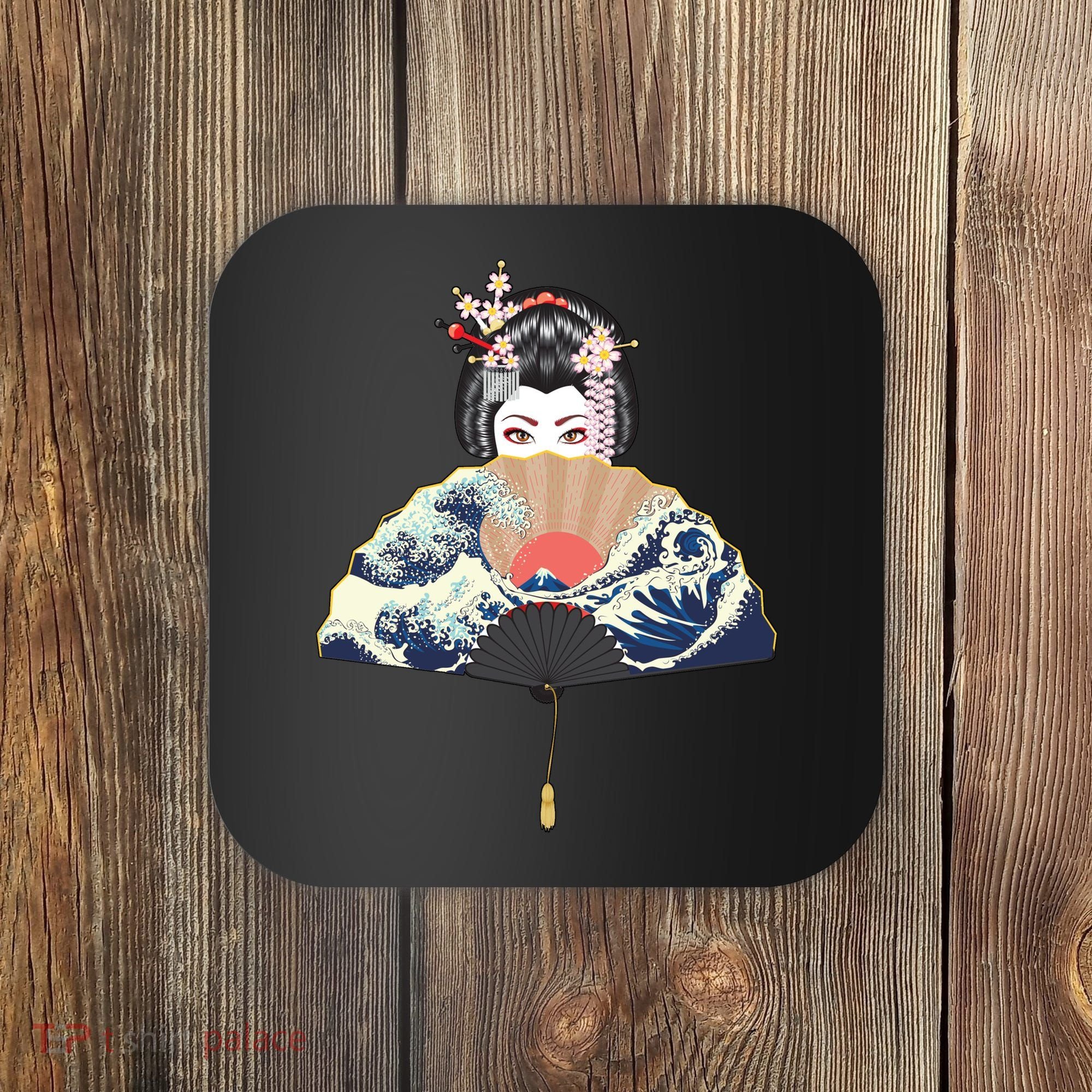 Geisha Hiding Behind Fan Wave Retro Japanese Art Graphic Coaster