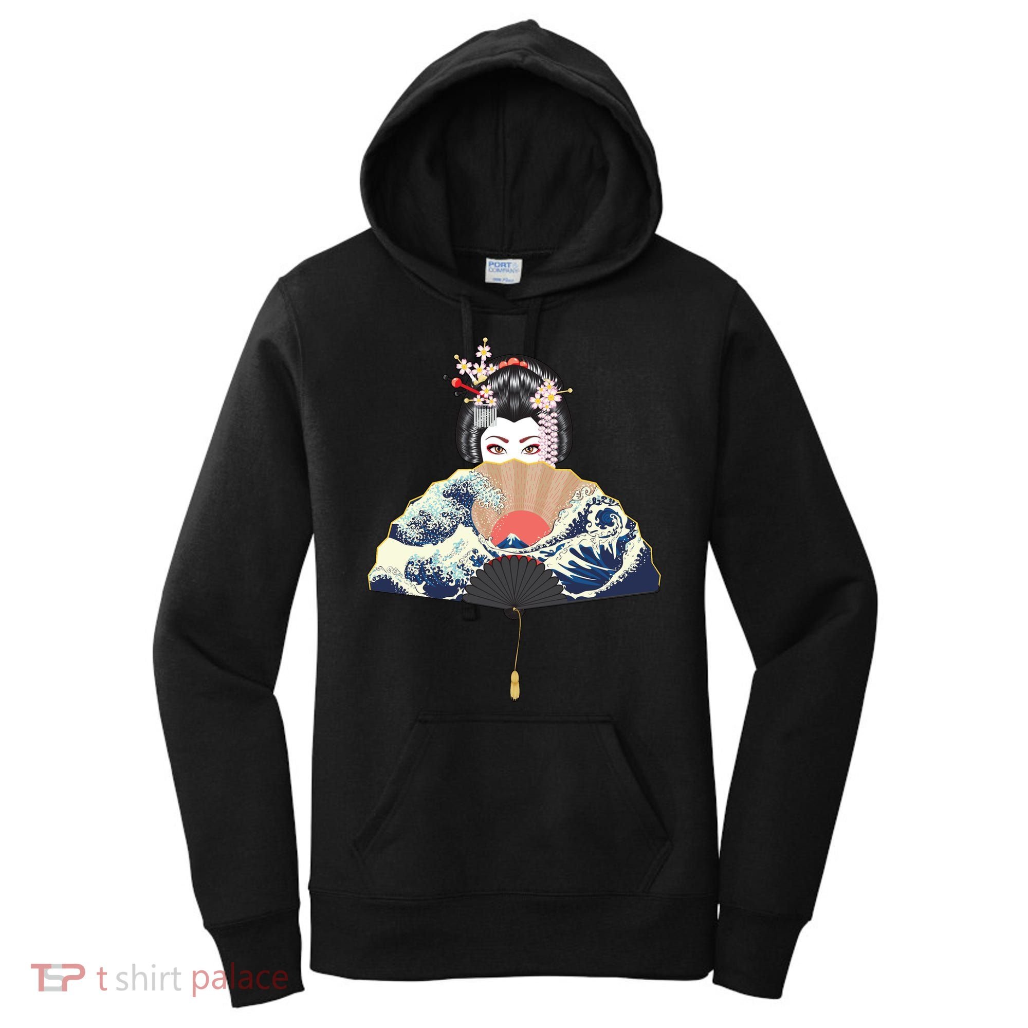 Geisha Hiding Behind Fan Wave Retro Japanese Art Graphic Women's Hoodie