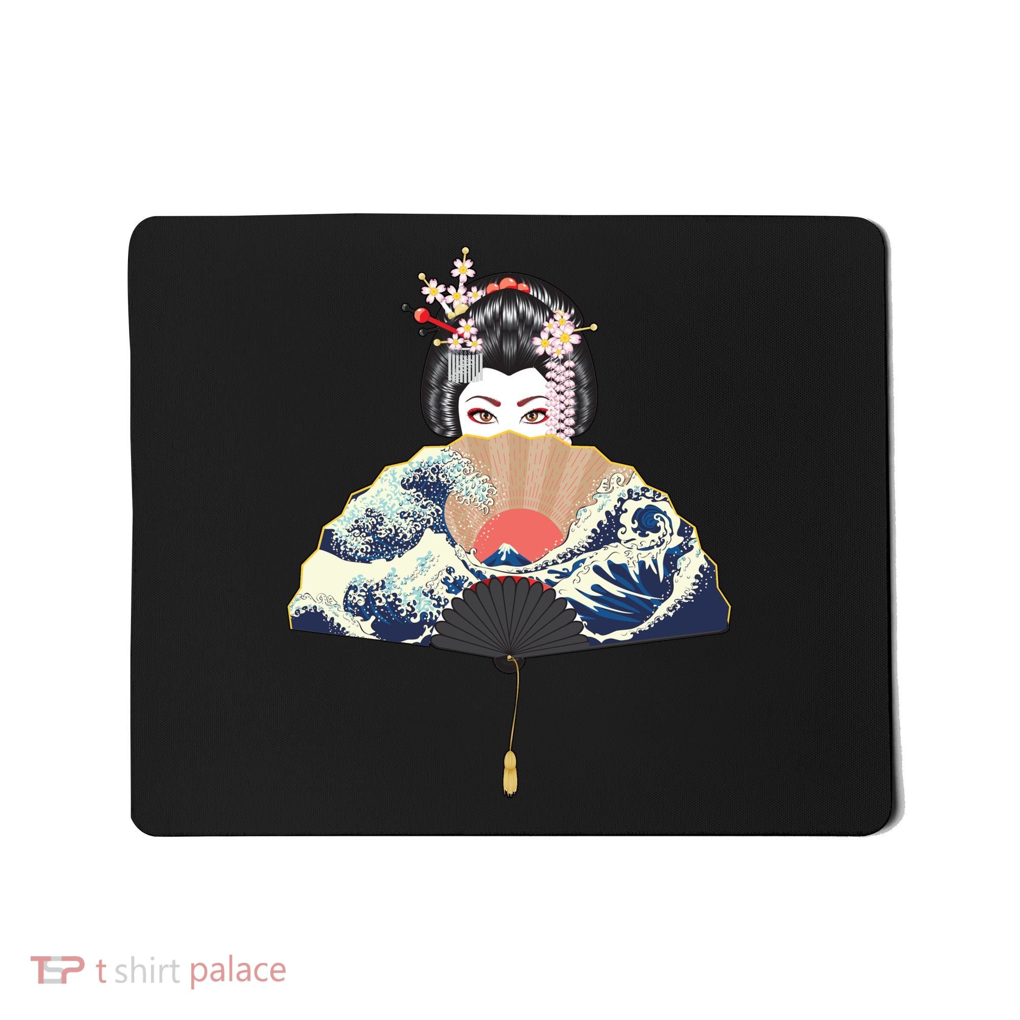 Geisha Hiding Behind Fan Wave Retro Japanese Art Graphic Mousepad