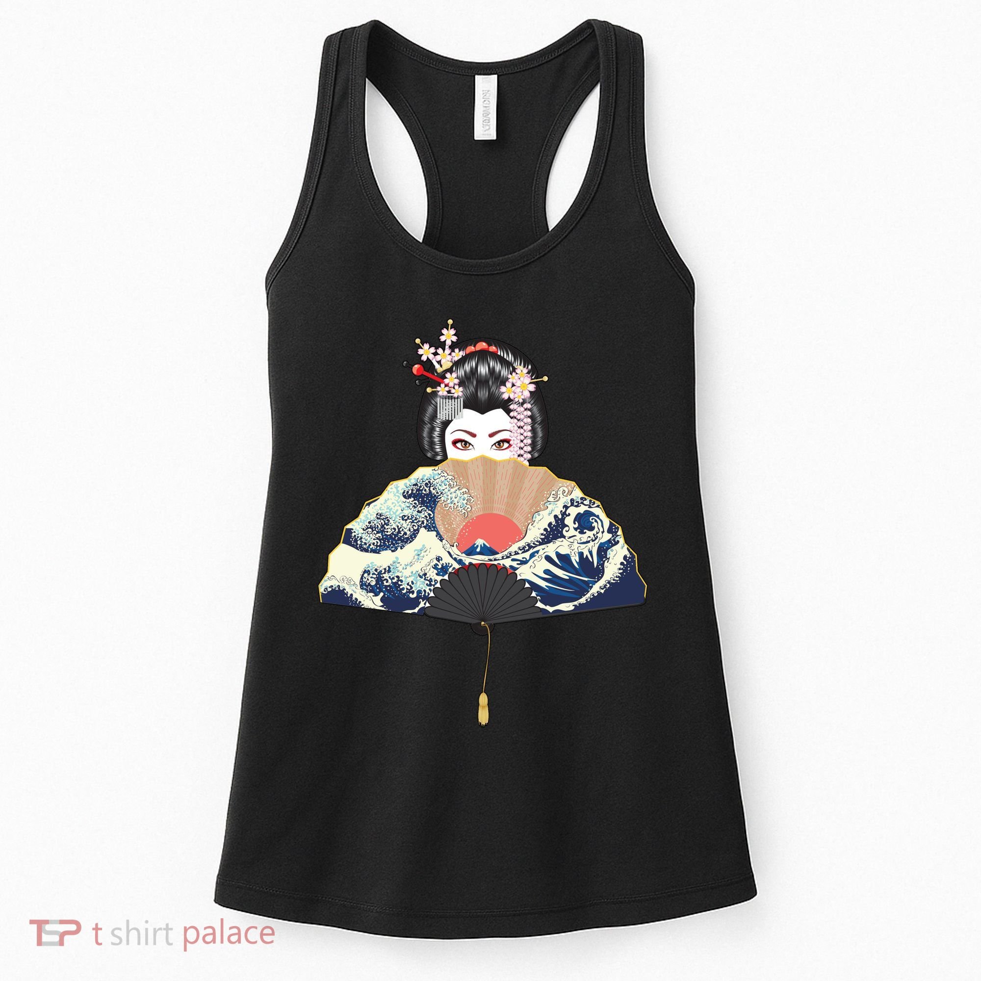 Geisha Hiding Behind Fan Wave Retro Japanese Art Graphic Women's Tank Top