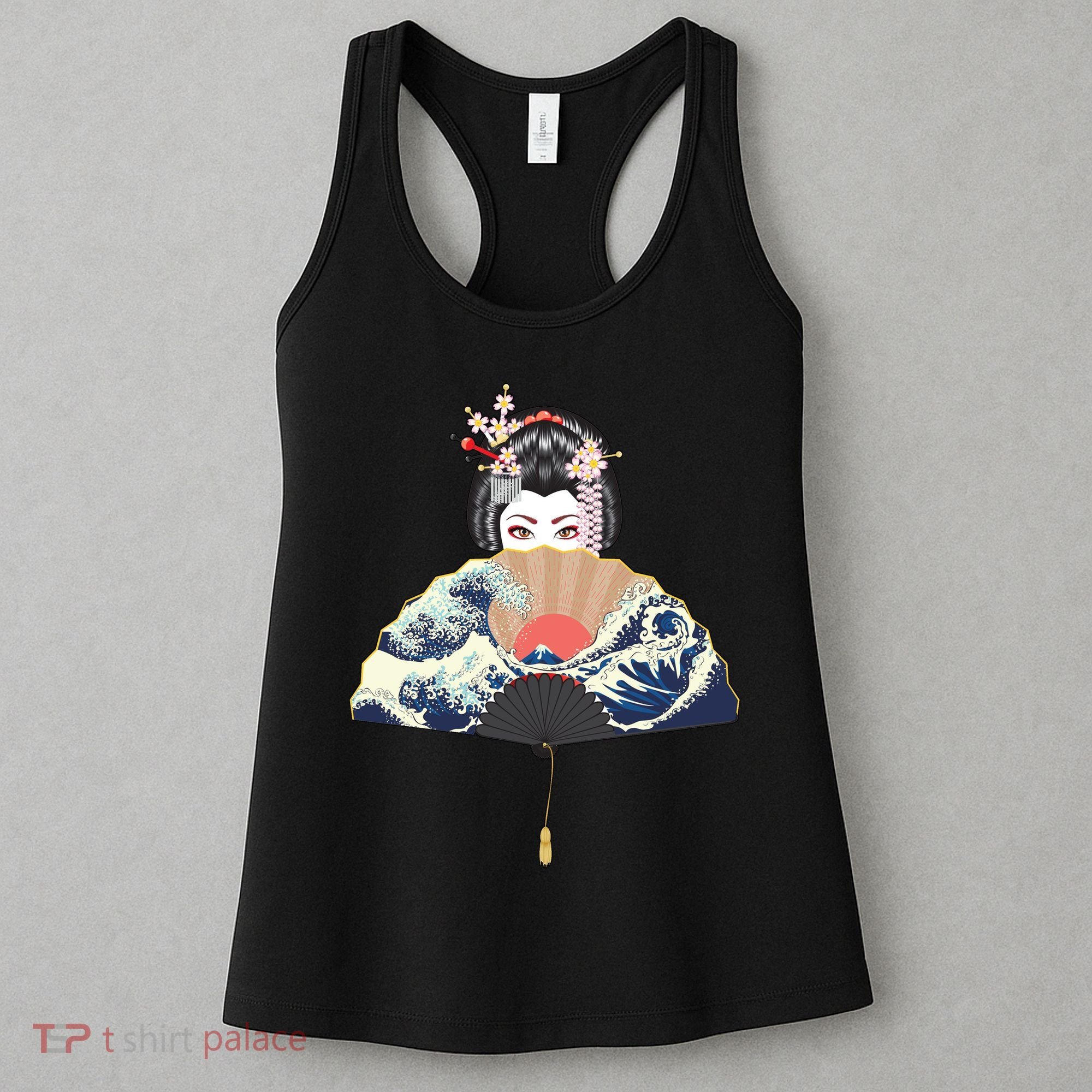 Geisha Hiding Behind Fan Wave Retro Japanese Art Graphic Women's Tank Top