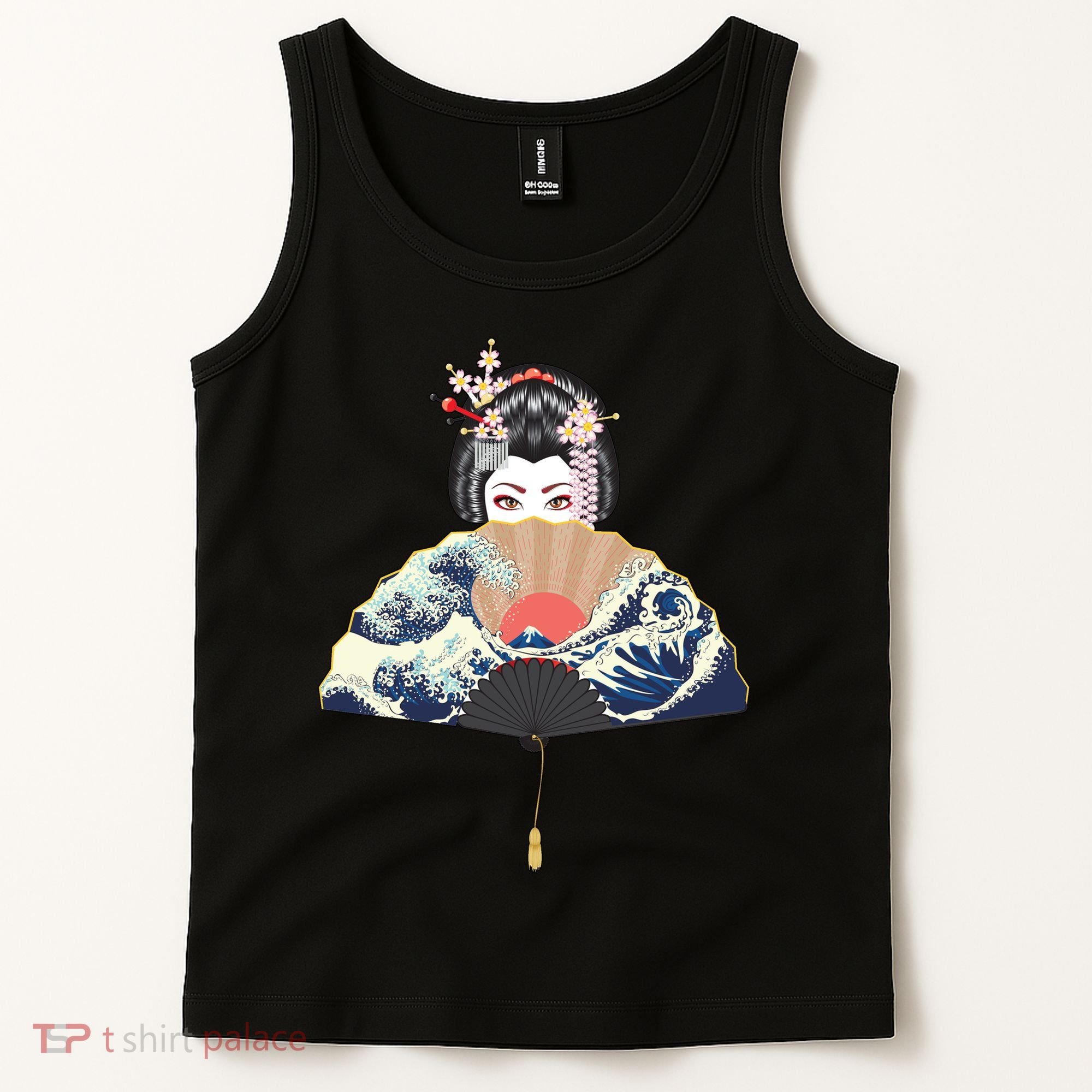 Geisha Hiding Behind Fan Wave Retro Japanese Art Graphic Tank Top