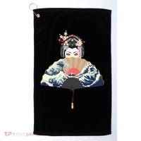 Geisha Hiding Behind Fan Wave Retro Japanese Art Graphic Golf Towel thumb 0