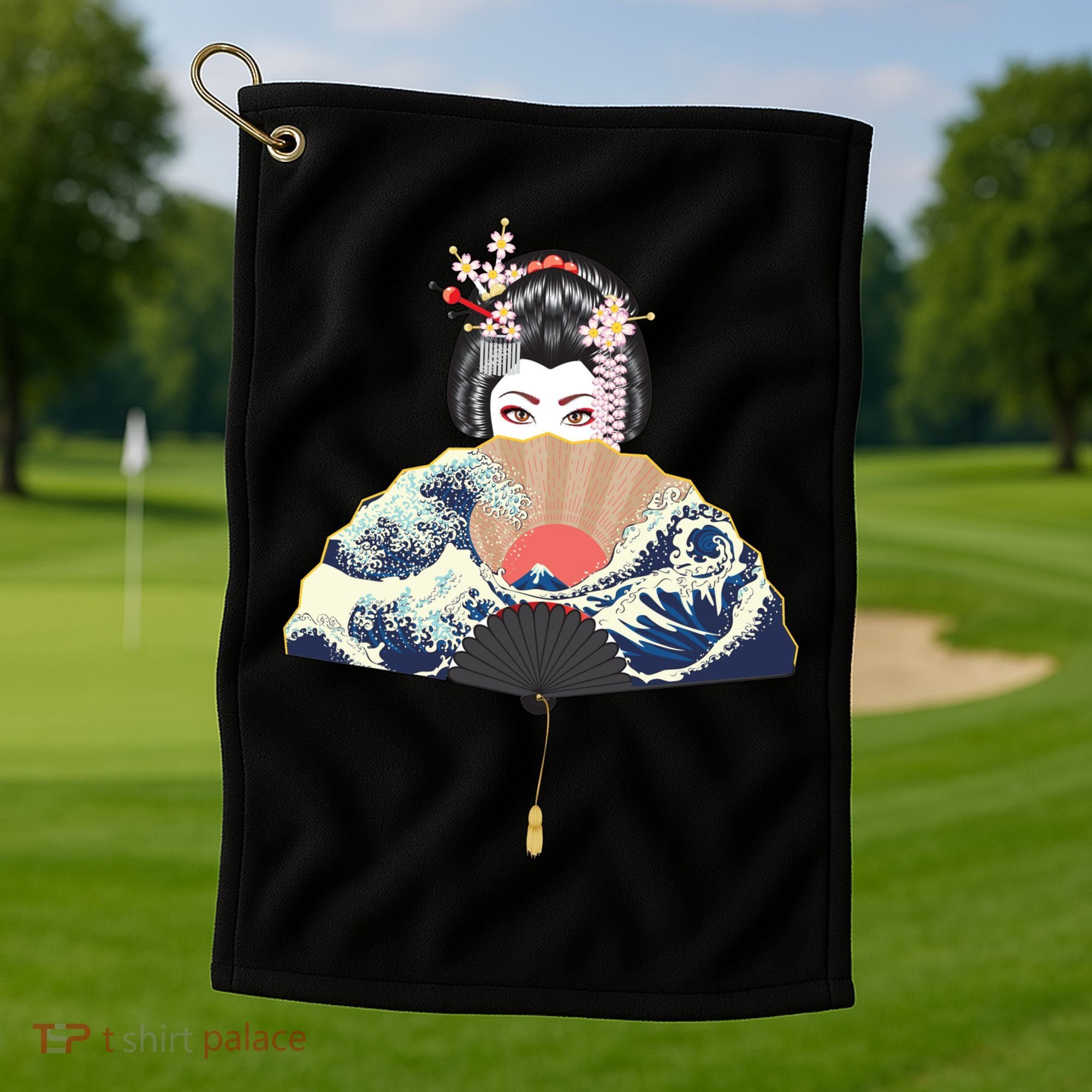 Geisha Hiding Behind Fan Wave Retro Japanese Art Graphic Golf Towel