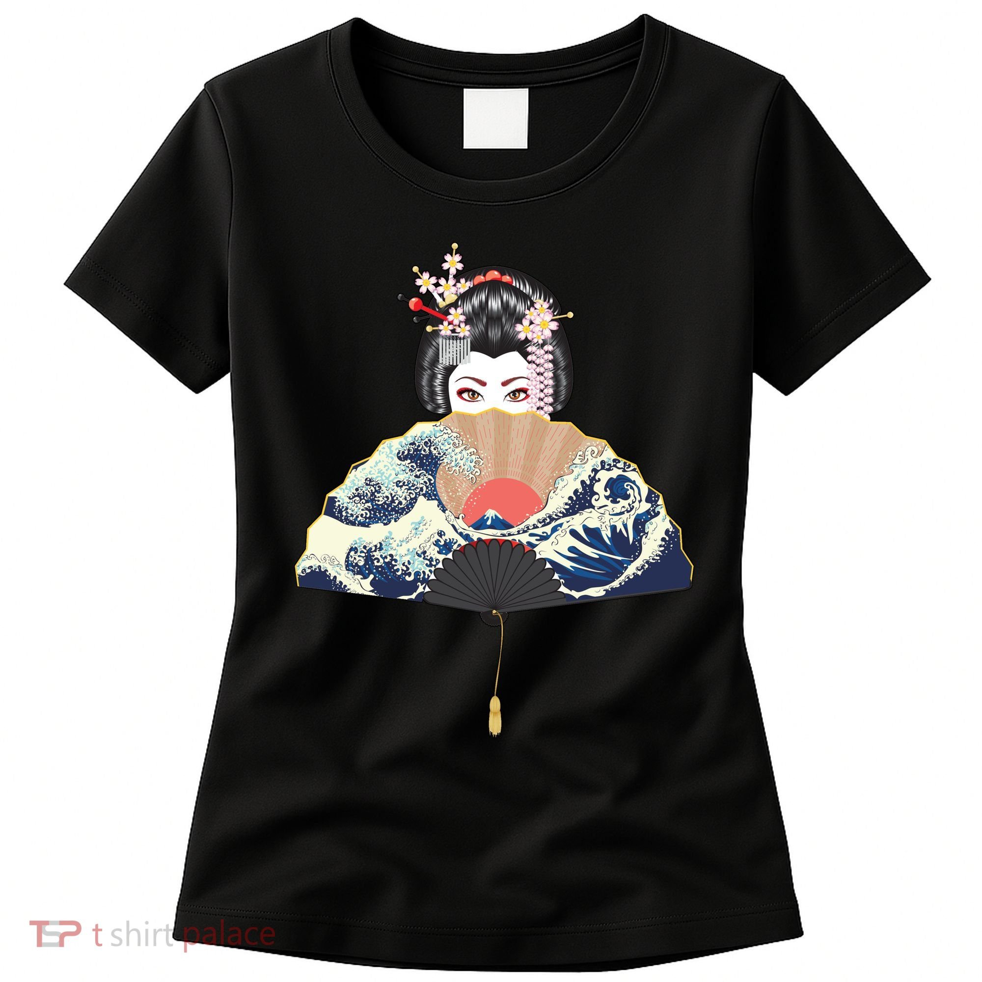 Geisha Hiding Behind Fan Wave Retro Japanese Art Graphic Women's T-Shirt