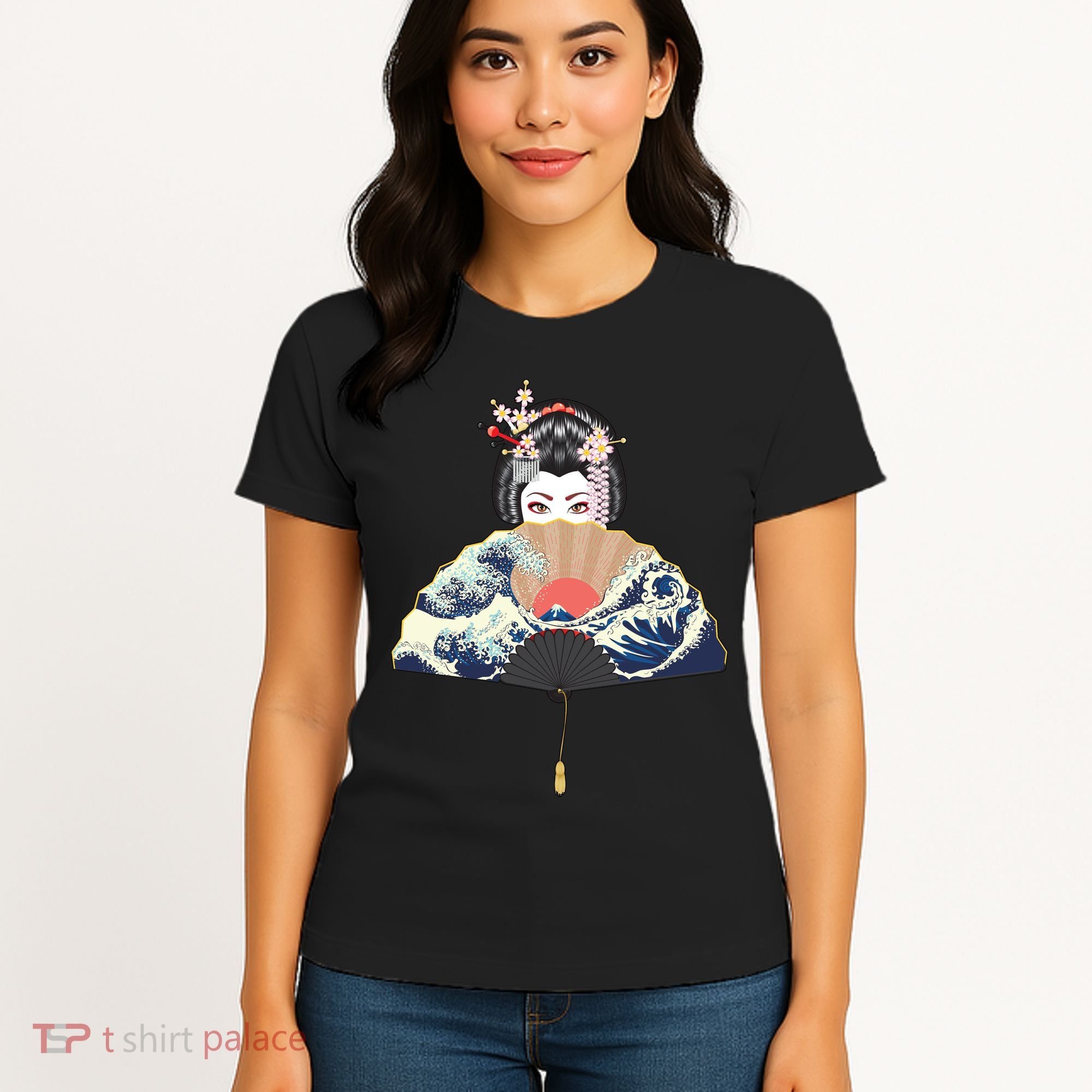 Geisha Hiding Behind Fan Wave Retro Japanese Art Graphic Women's T-Shirt