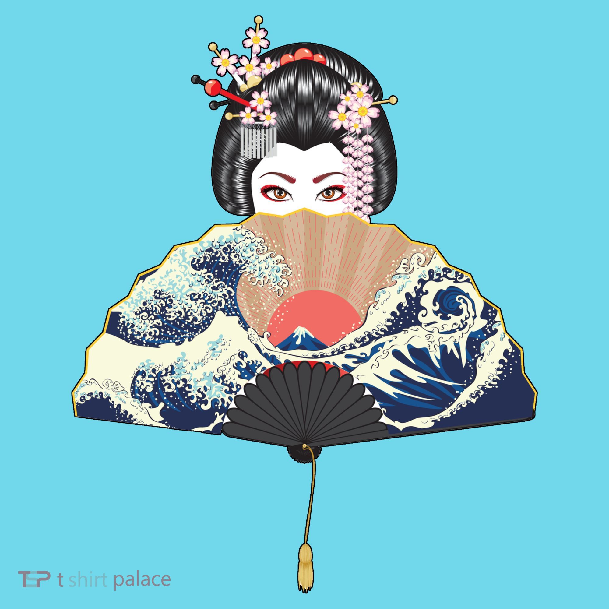 Geisha Hiding Behind Fan Wave Retro Japanese Art Graphic Long Sleeve Shirt