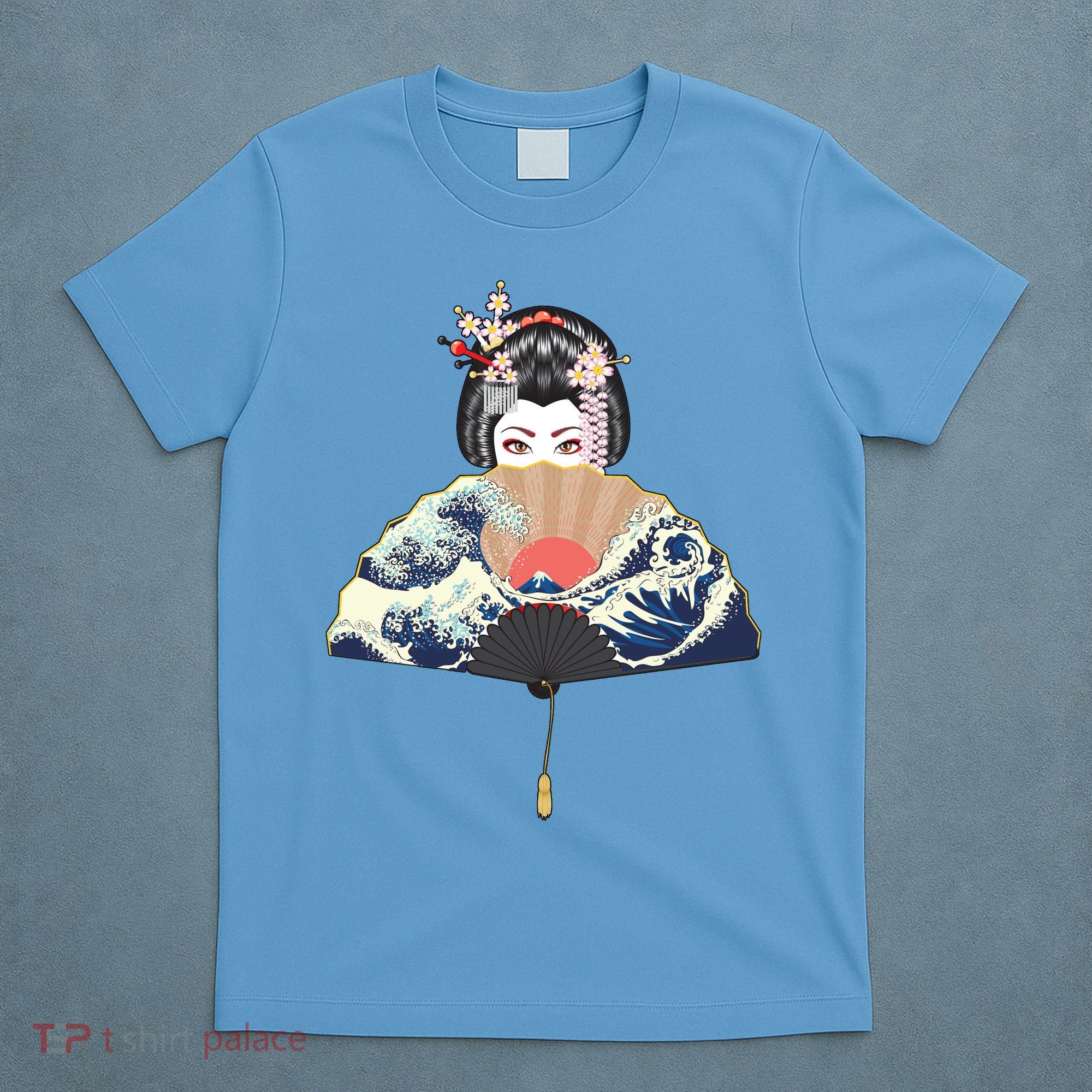 Geisha Hiding Behind Fan Wave Retro Japanese Art Graphic T-Shirt