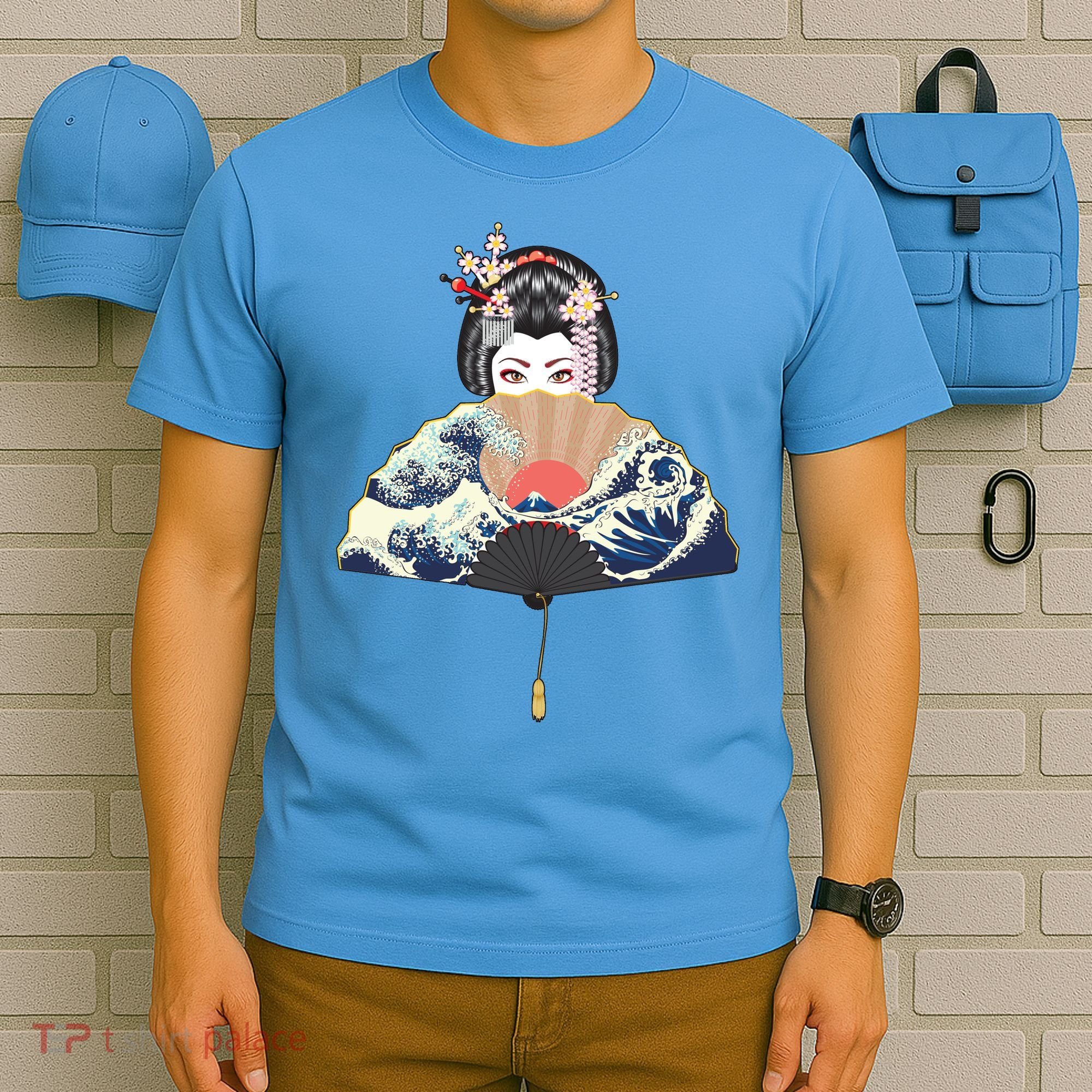 Geisha Hiding Behind Fan Wave Retro Japanese Art Graphic T-Shirt