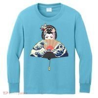 Geisha Hiding Behind Fan Wave Retro Japanese Art Graphic Kids Long Sleeve Shirt thumb 0