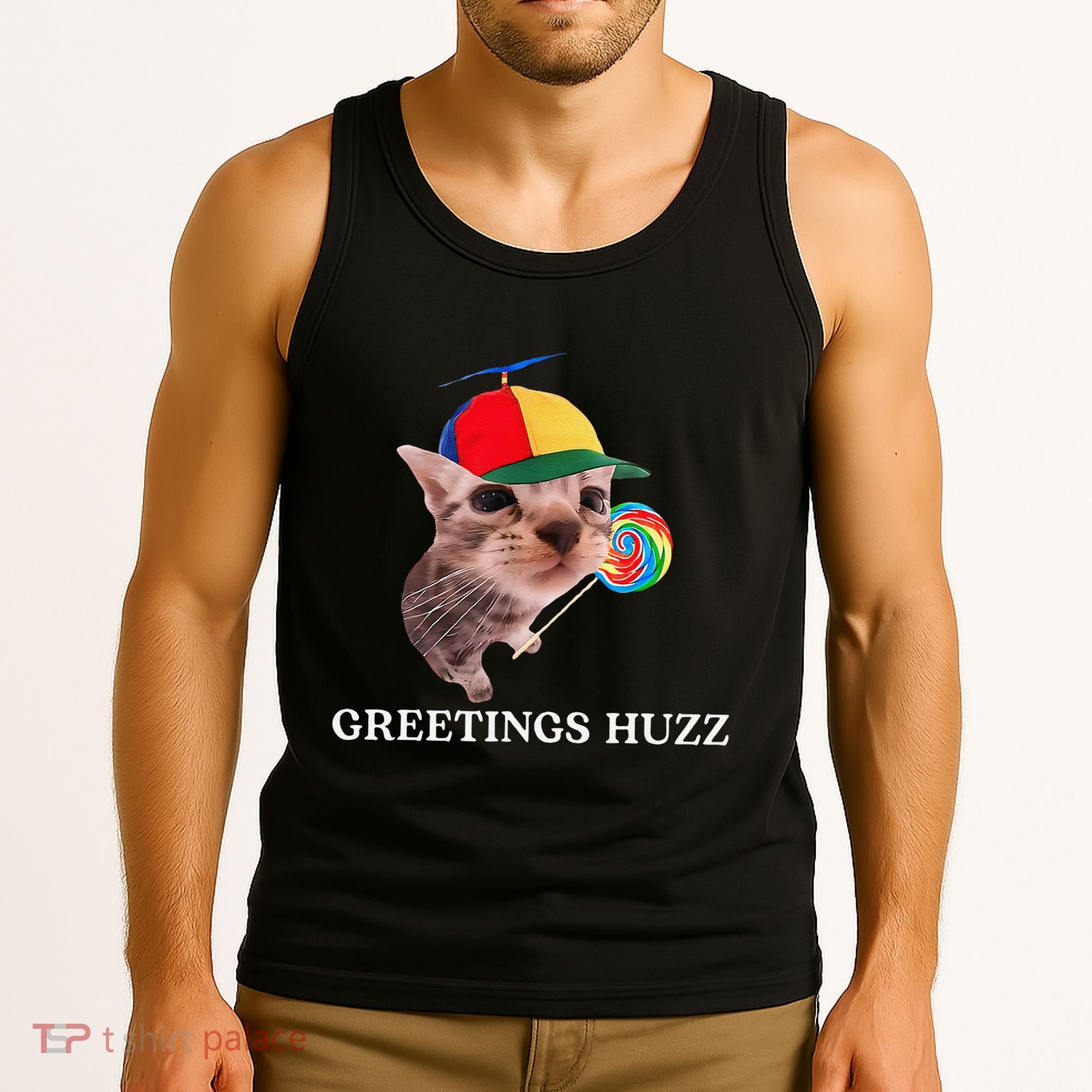 Greetings Huzz Funny Gen Z Gen Alpha Slang Silly Cat Meme Tank Top
