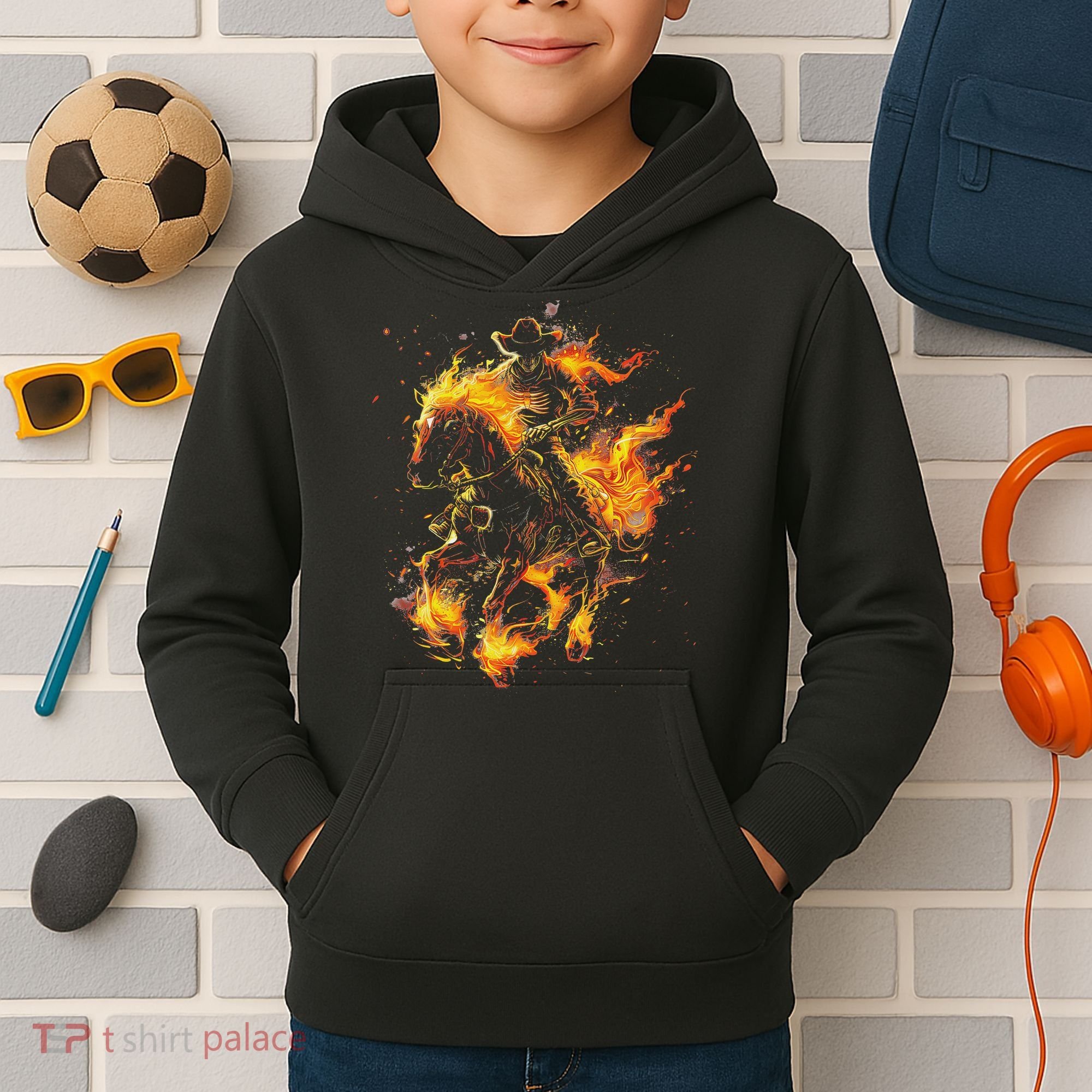 Ghost Horse Flaming Cowboy  Kids Hoodie