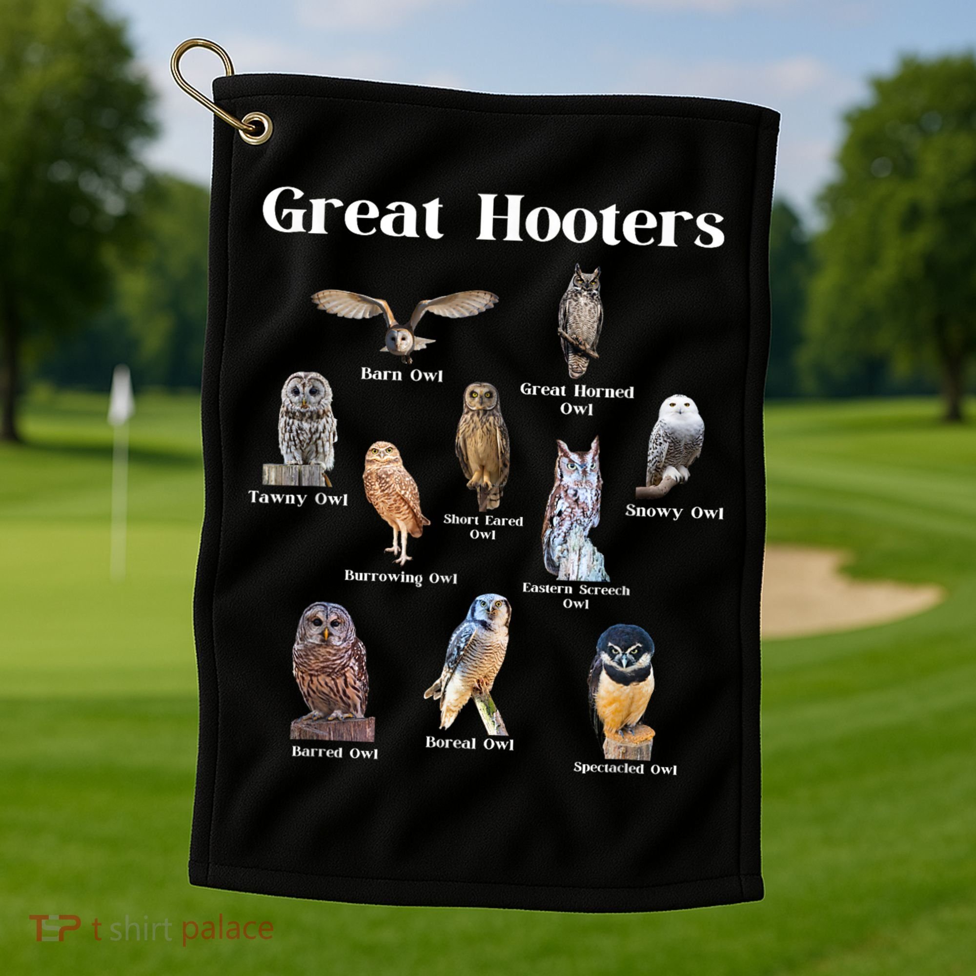 Great Hooter Funny Owl Lover Birding Birdwatcher Dad Joke Golf Towel