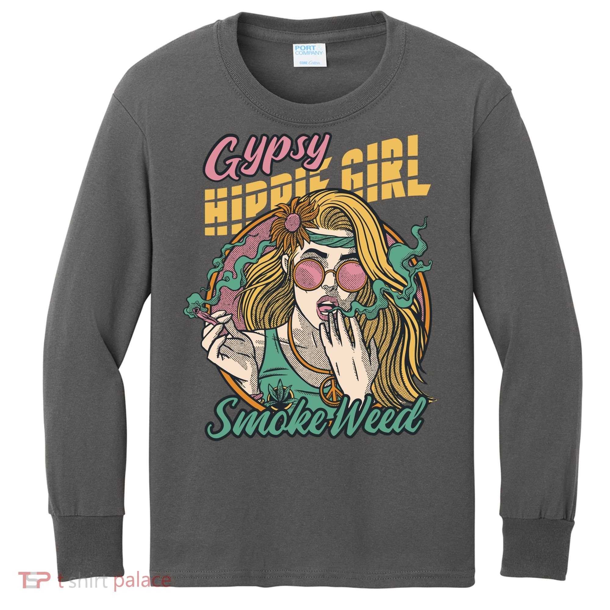 Gypsy Hippie Girl Smoke Weed Retro Kids Long Sleeve Shirt