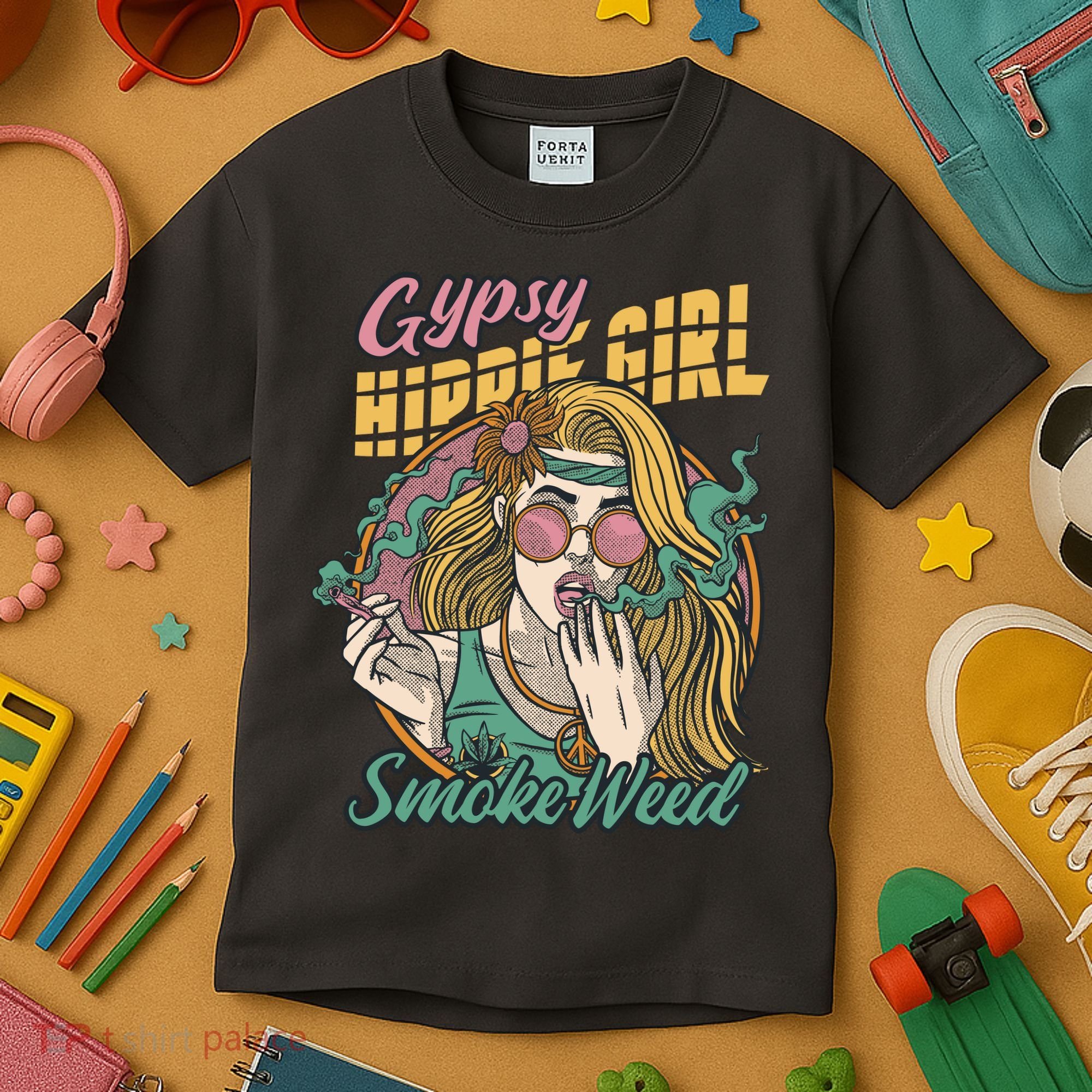 Gypsy Hippie Girl Smoke Weed Retro Kids T-Shirt