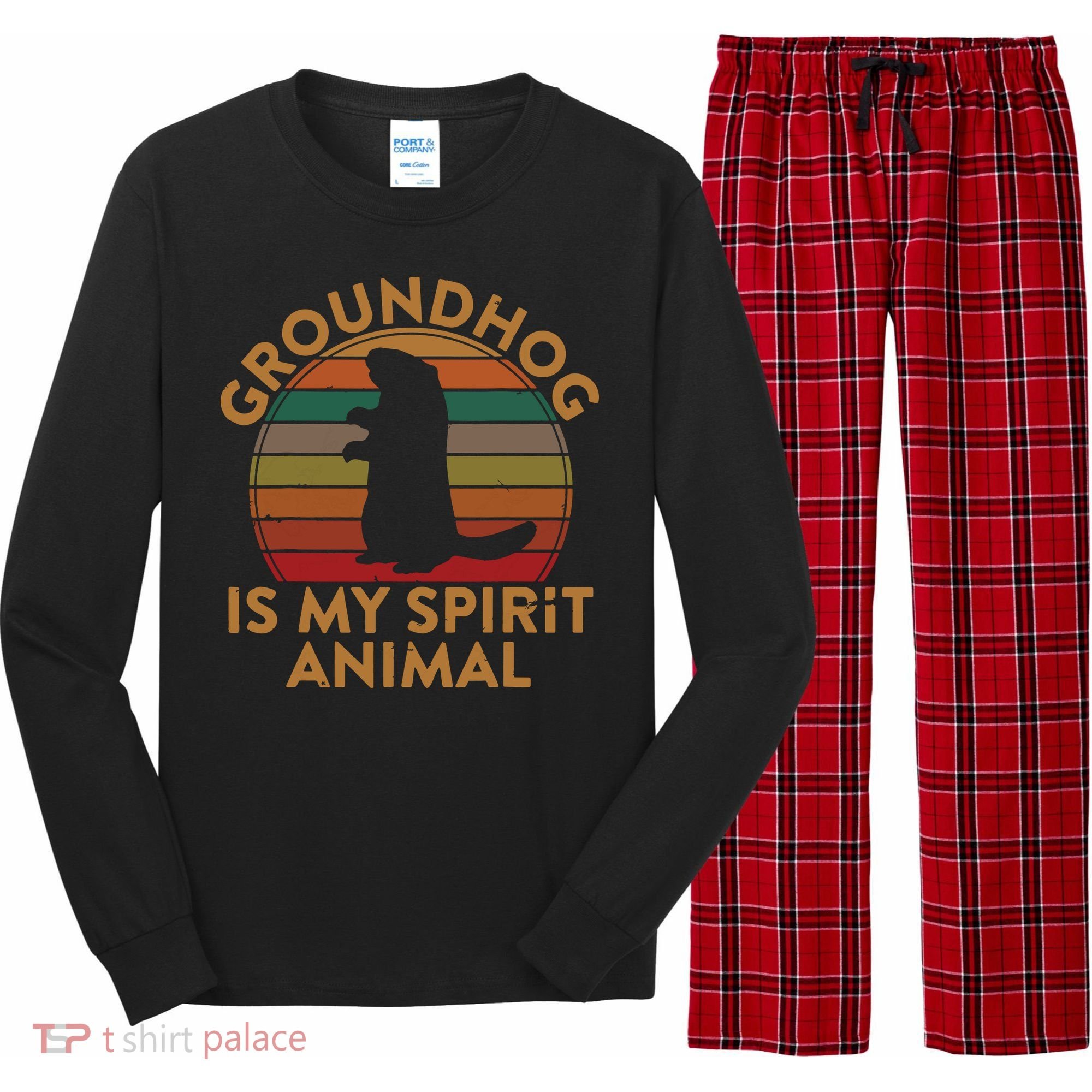 Ground Hog Is My Spirit Animal Gift Silhouette Groundhog Day Long Sleeve Pajama Set