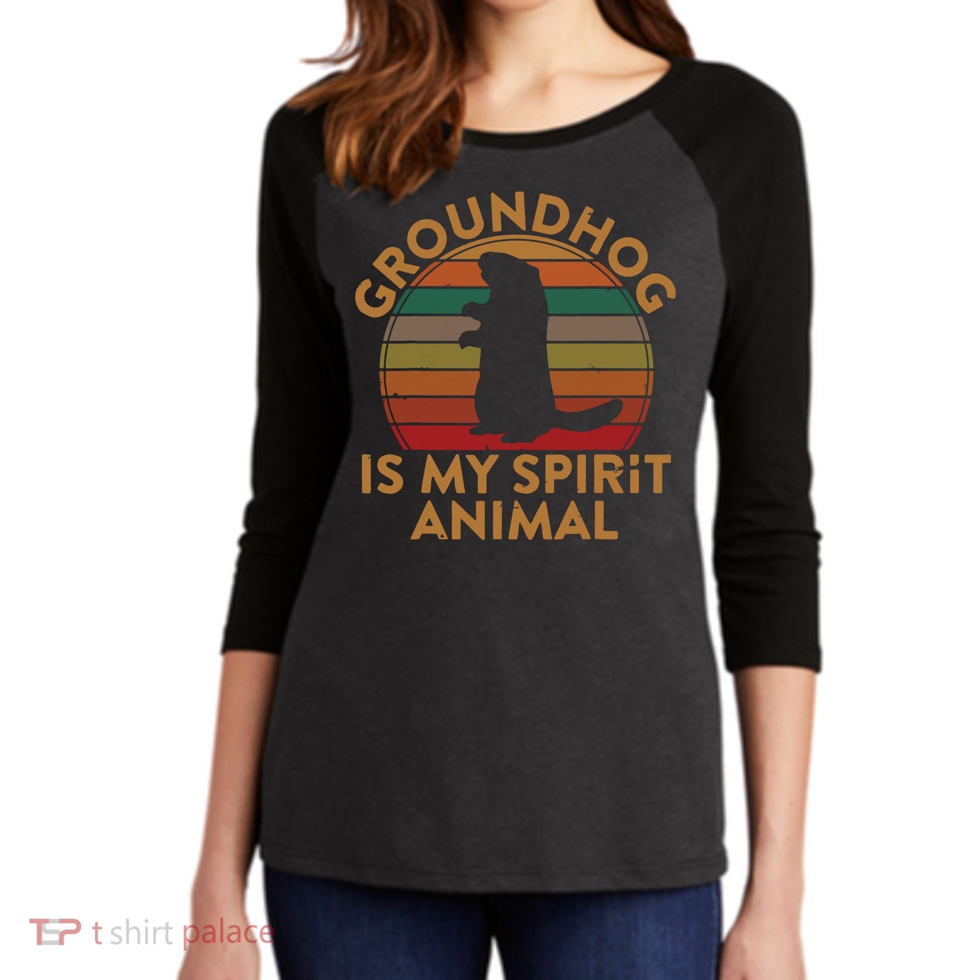 Ground Hog Is My Spirit Animal Gift Silhouette Groundhog Day Women's Tri-Blend 3/4-Sleeve Raglan Shirt