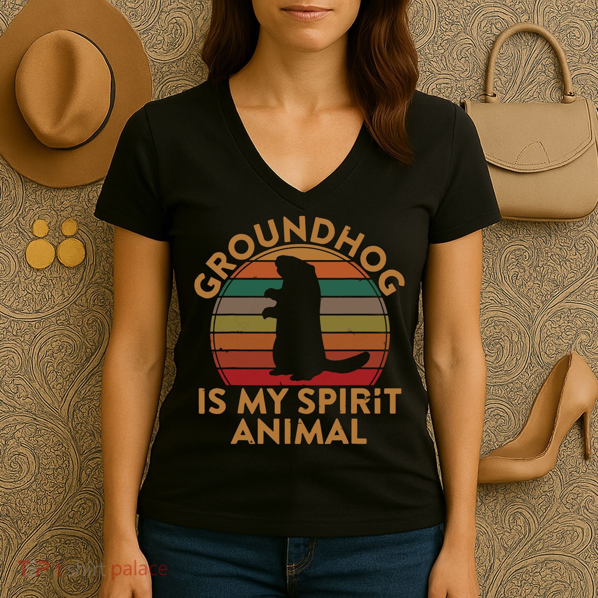 Ground Hog Is My Spirit Animal Gift Silhouette Groundhog Day Women's V-Neck T-Shirt