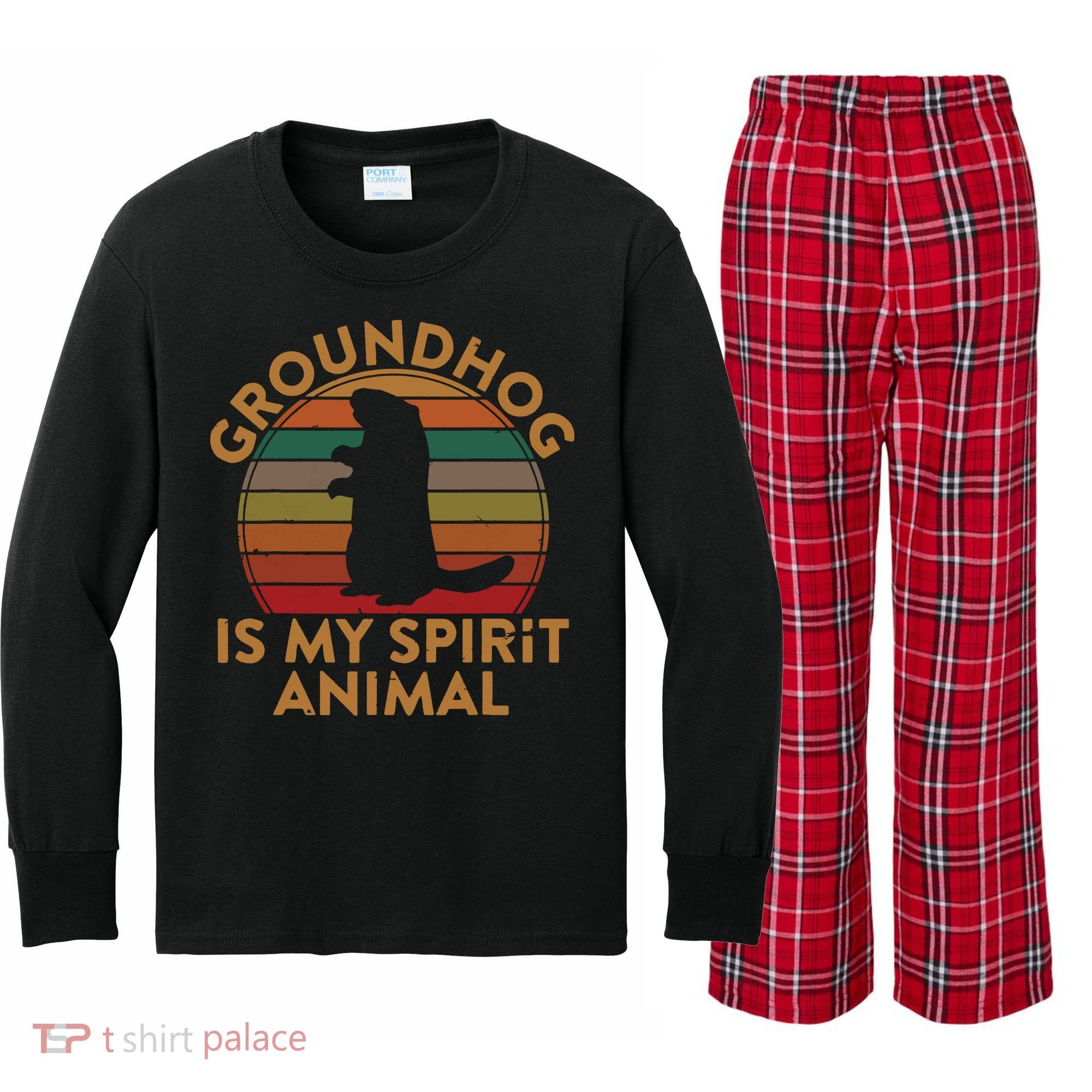 Ground Hog Is My Spirit Animal Gift Silhouette Groundhog Day Kids Long Sleeve Plaid Pajama Set