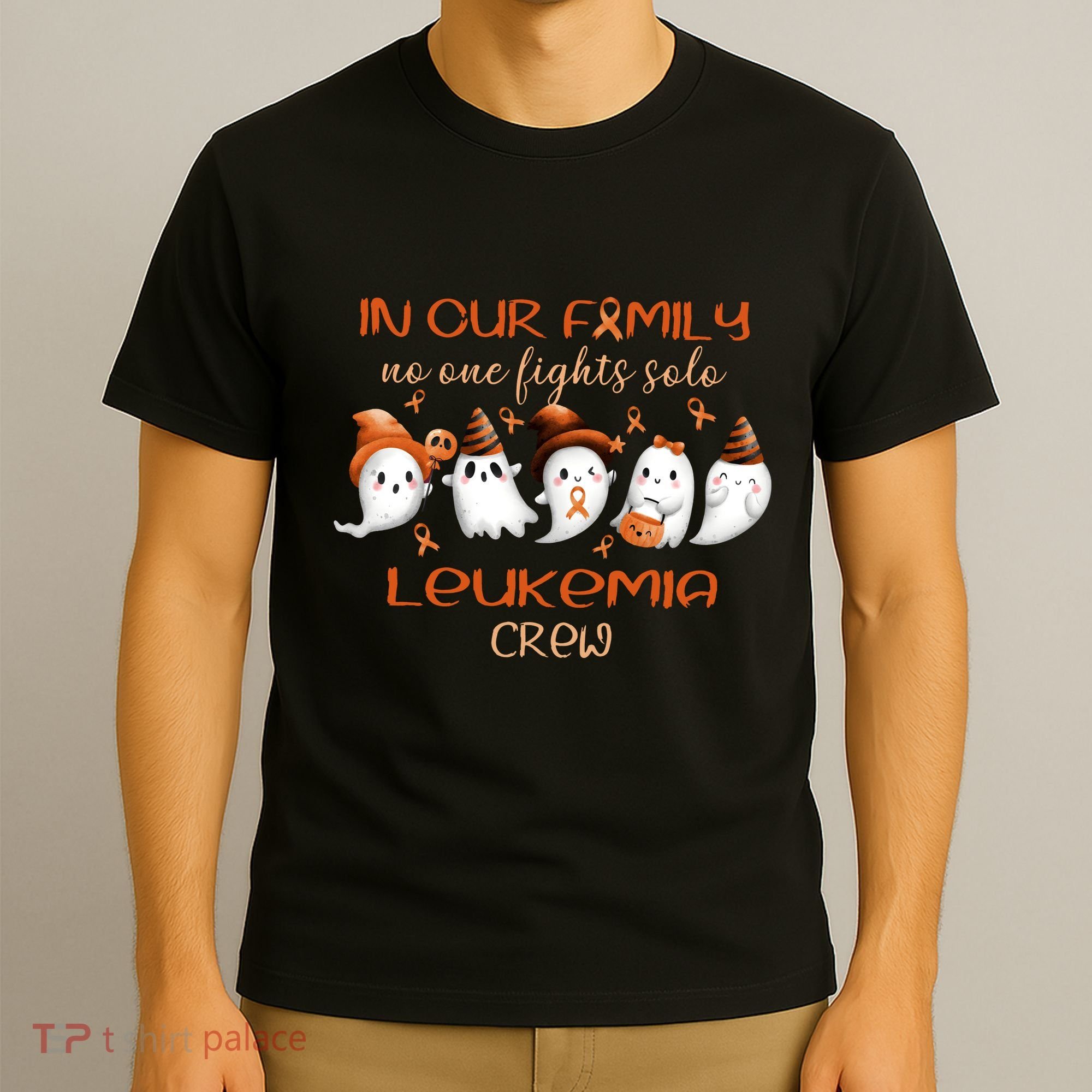 Ghost Halloween Leukemia Cancer No One Fights Solo Leukemia Crew T-Shirt