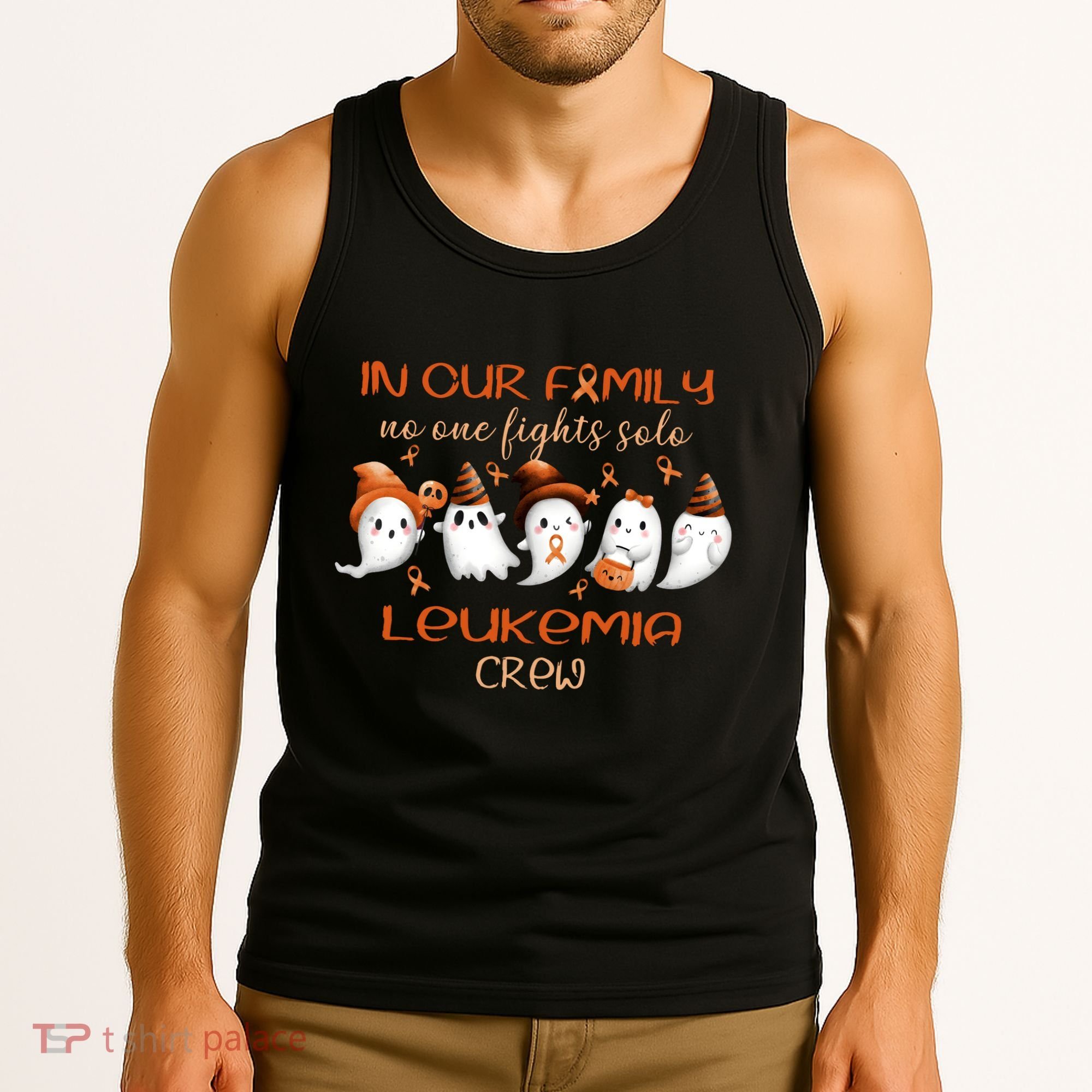 Ghost Halloween Leukemia Cancer No One Fights Solo Leukemia Crew Tank Top