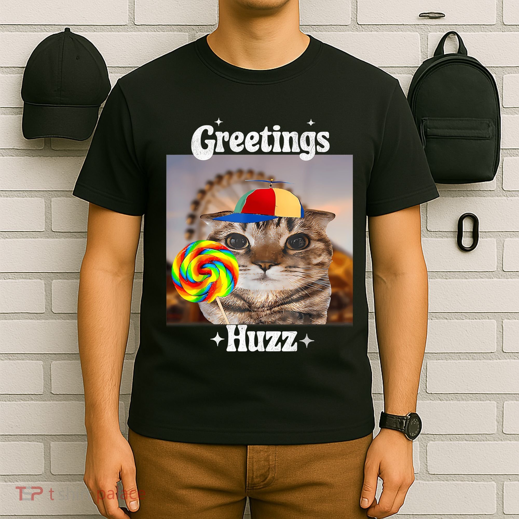 Greetings Huzz Meme Funny Cat Lollipop T-Shirt