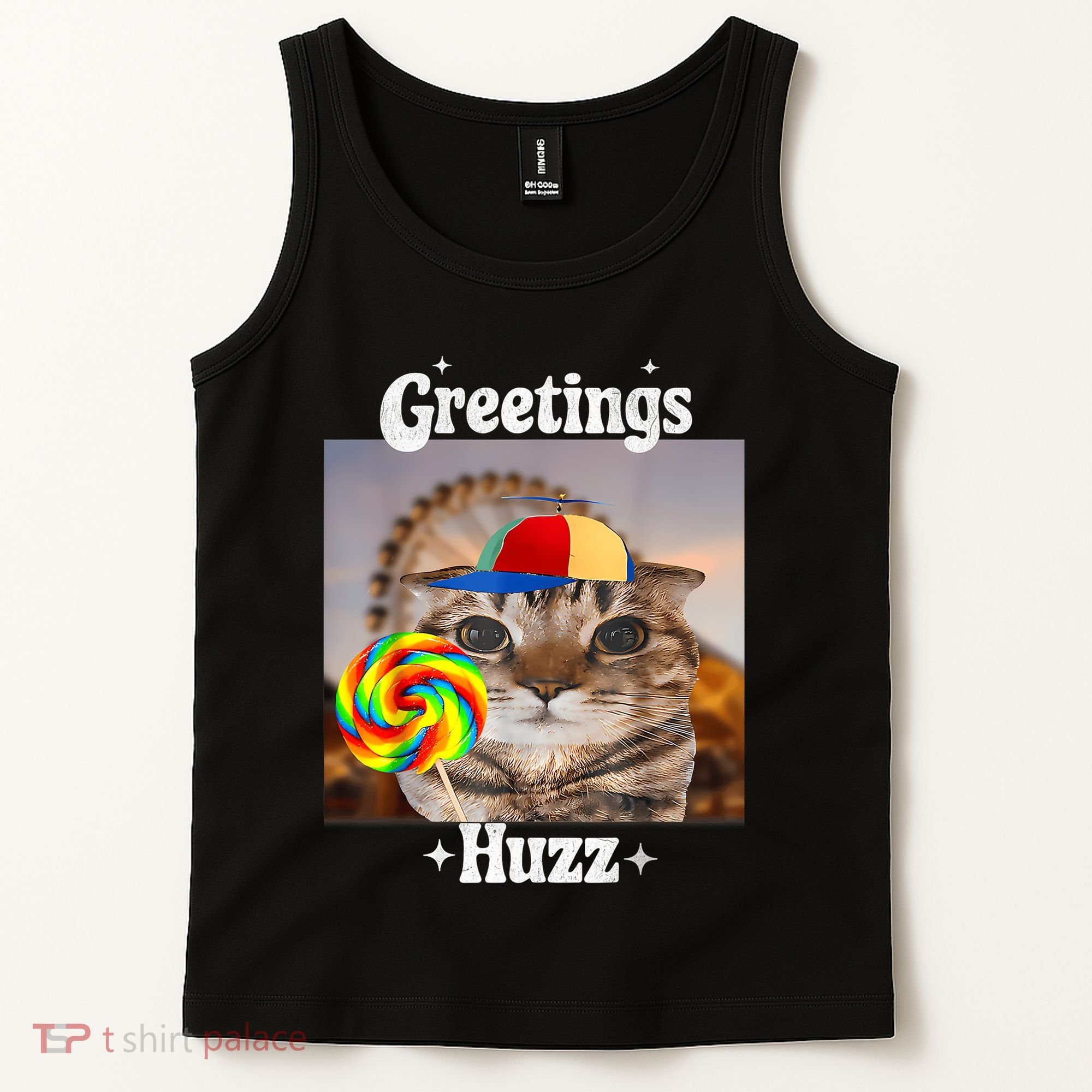 Greetings Huzz Meme Funny Cat Lollipop Tank Top