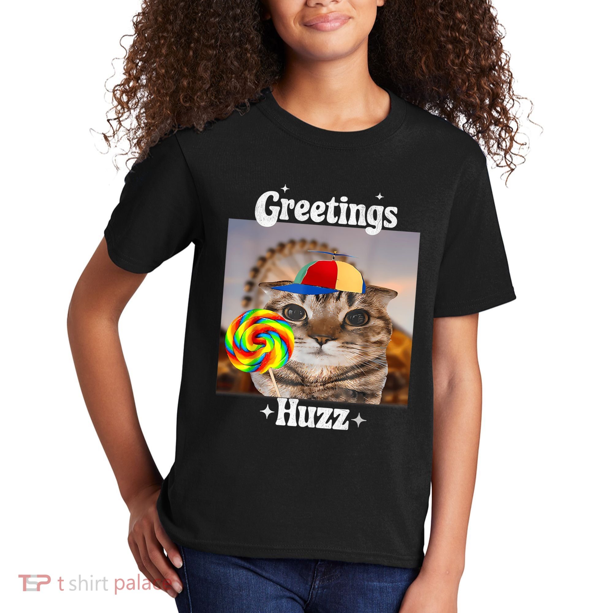 Greetings Huzz Meme Funny Cat Lollipop Kids T-Shirt