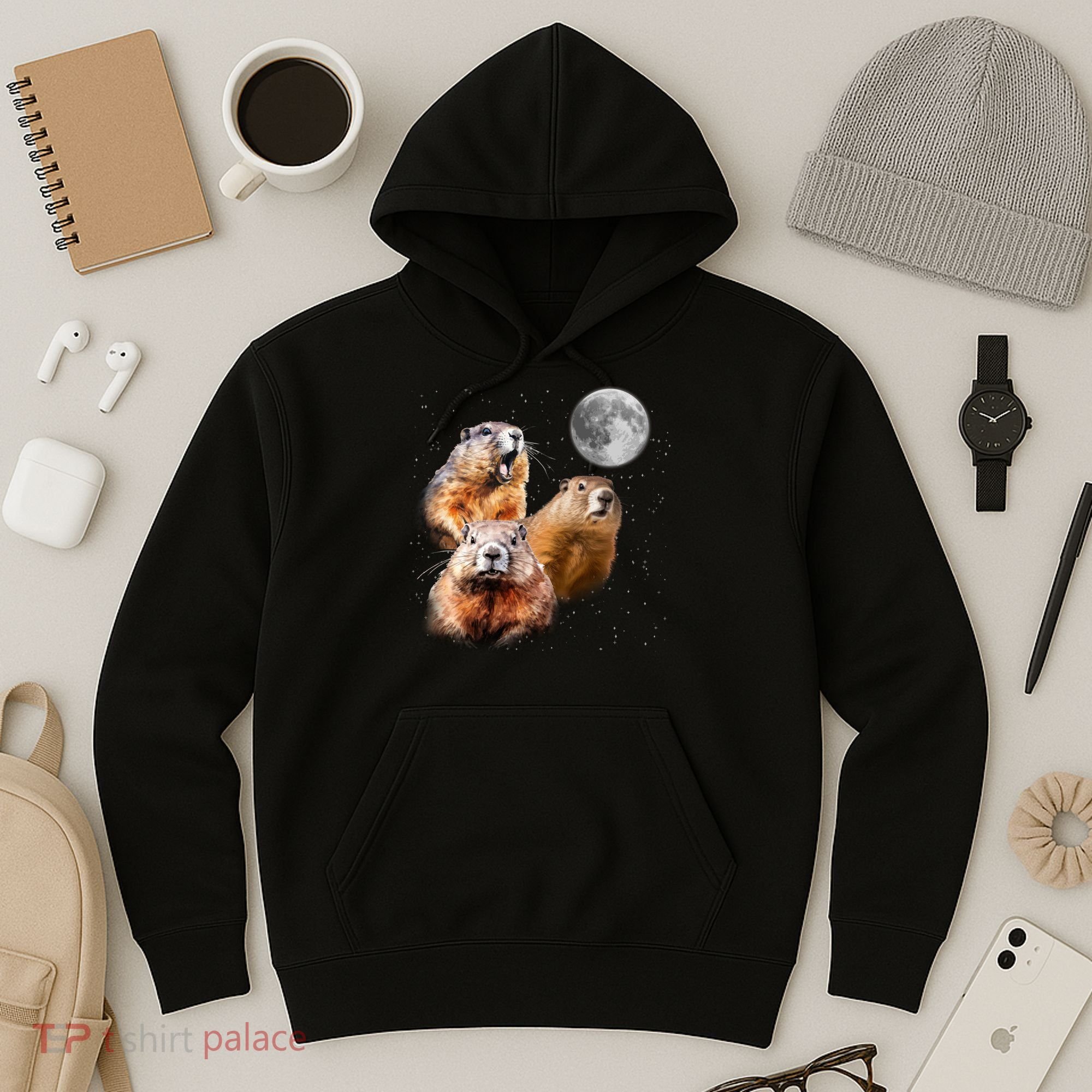 Groundhog Head Moon Funny Groundhog Day Hoodie