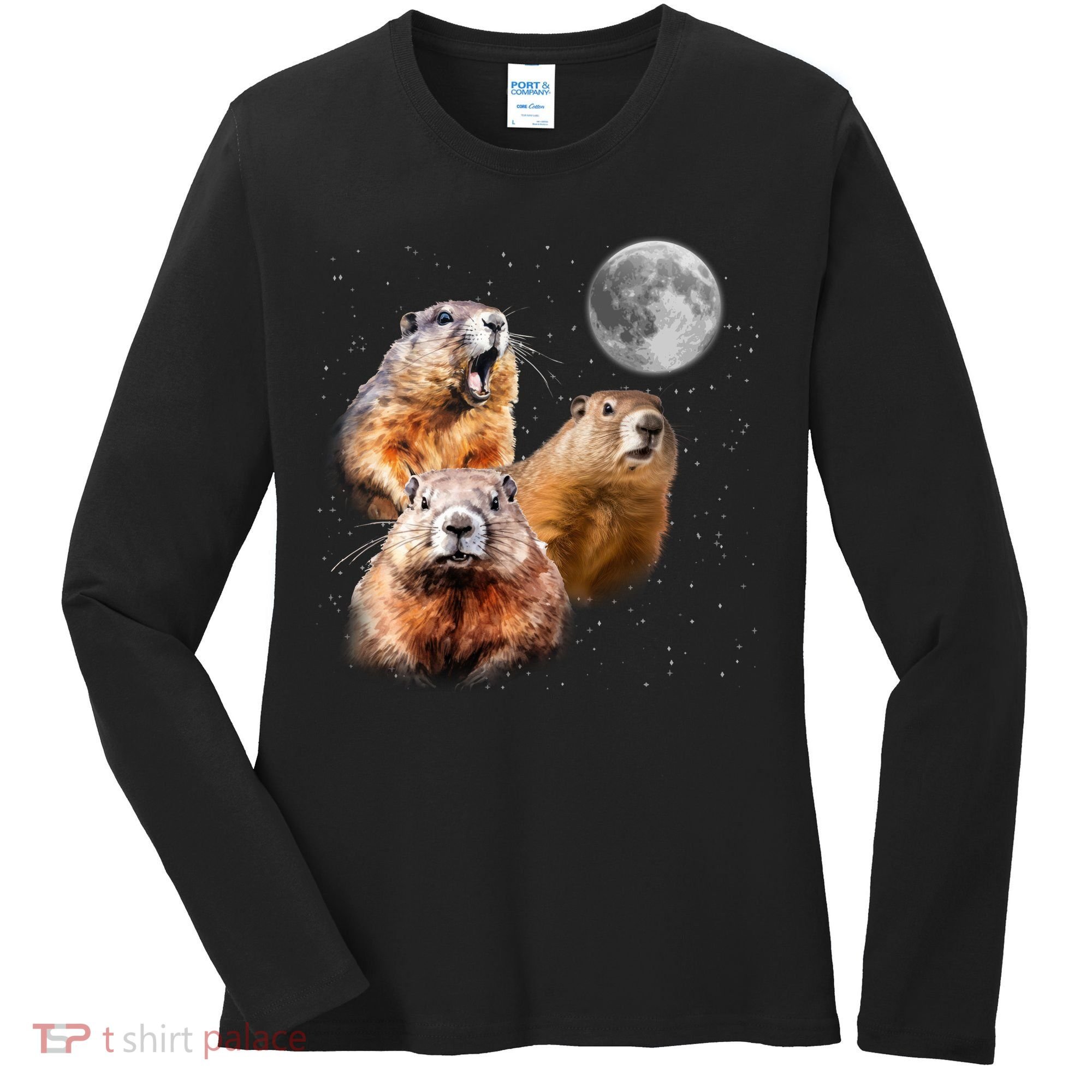 Groundhog Head Moon Funny Groundhog Day Women's Long Sleeve Shirt