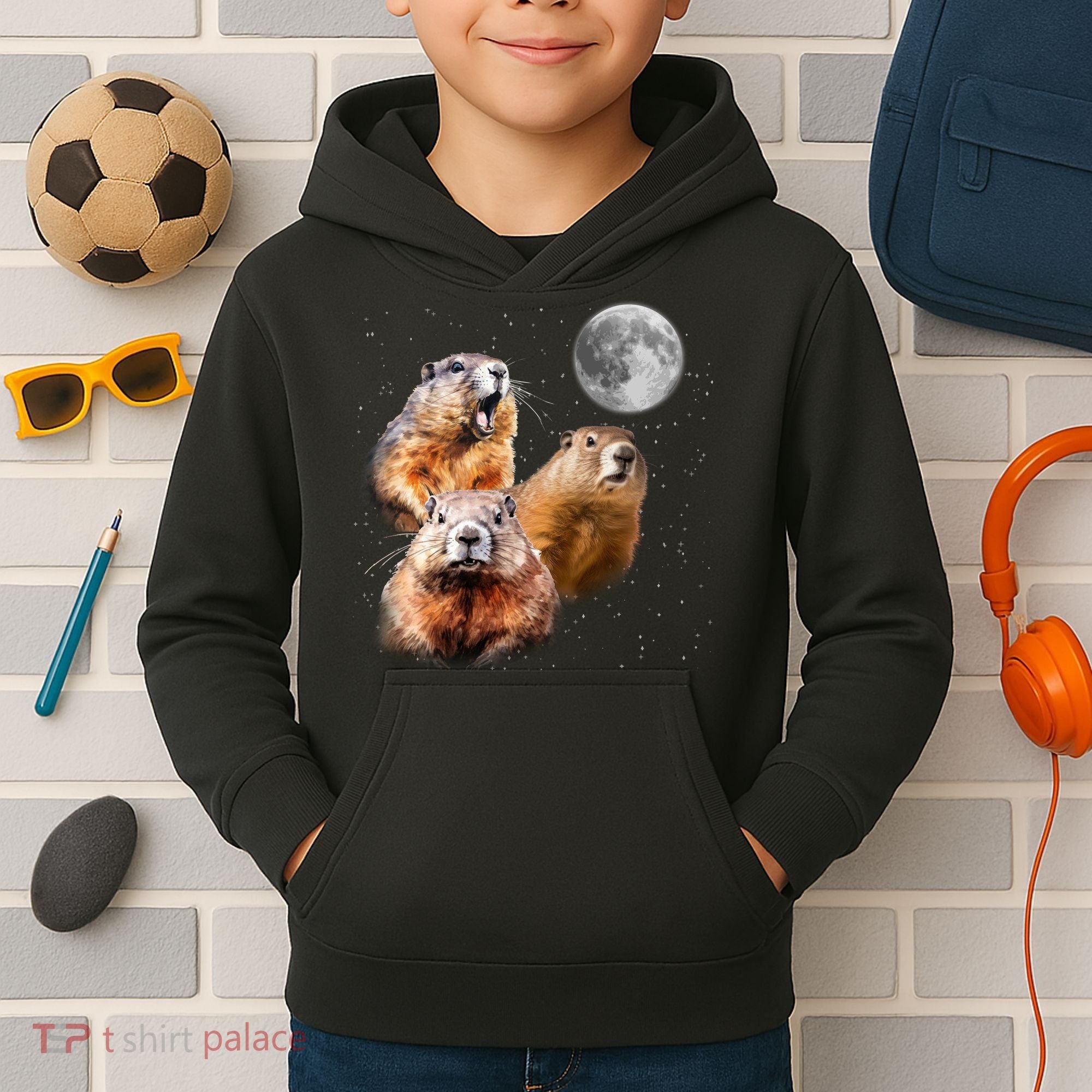 Groundhog Head Moon Funny Groundhog Day Kids Hoodie