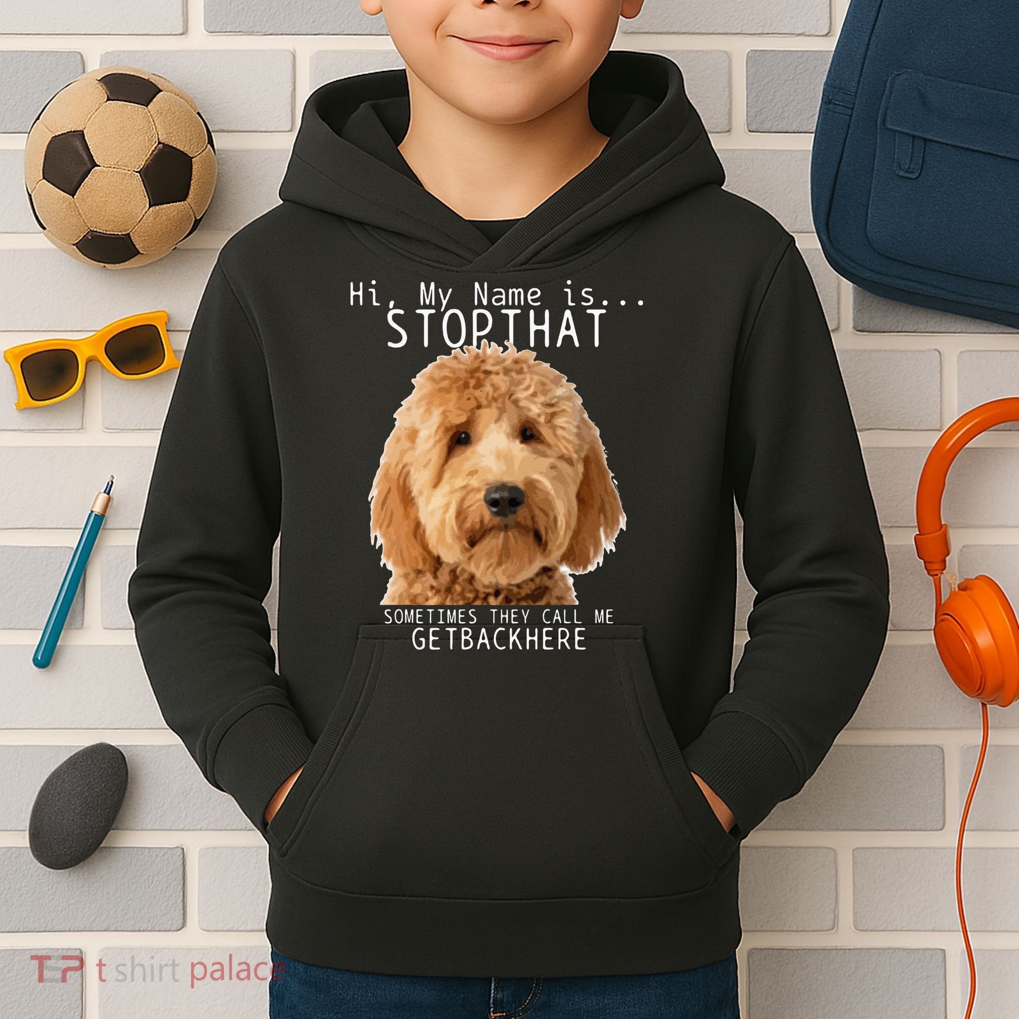 Goldendoodle Hi My Name Is Stop That Funny Dog Doodle Mom Kids Hoodie