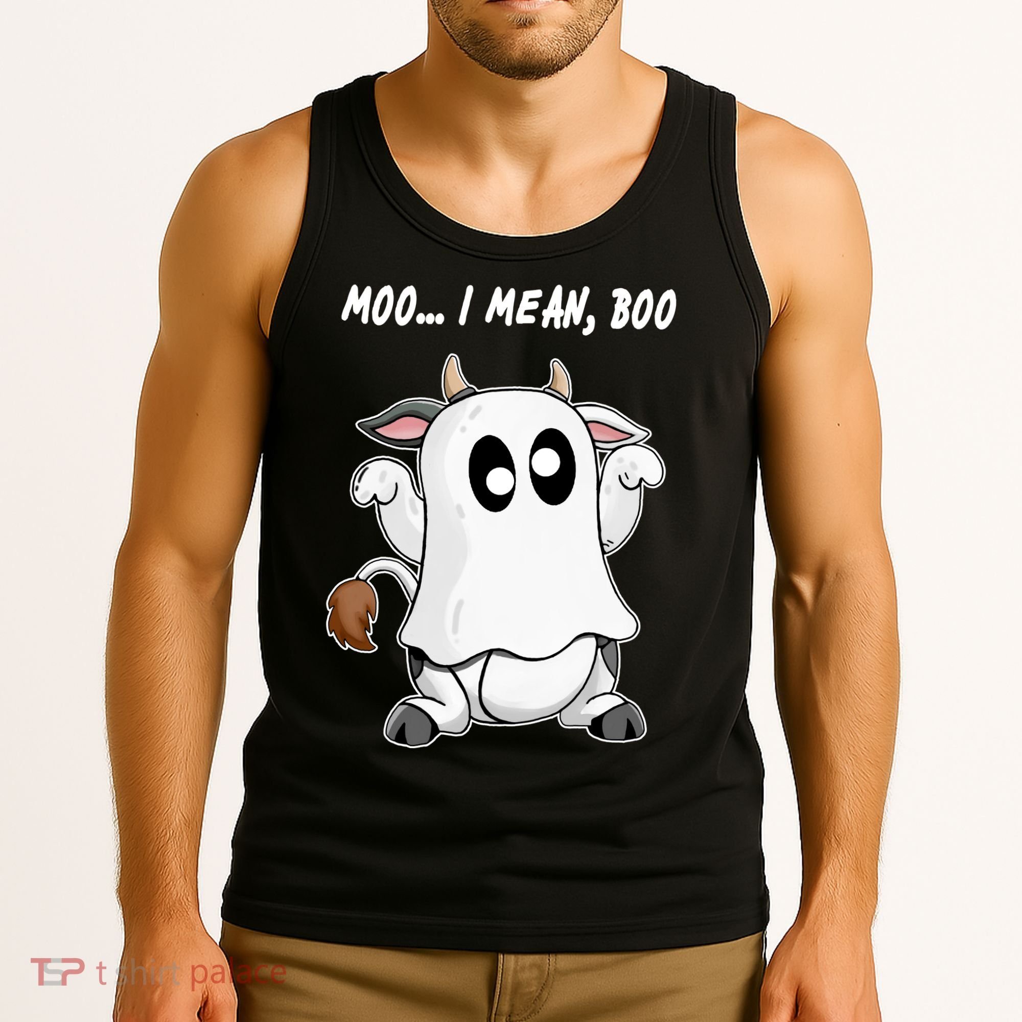 Ghost Cow Moo I Mean Bo Funny Halloween Tank Top