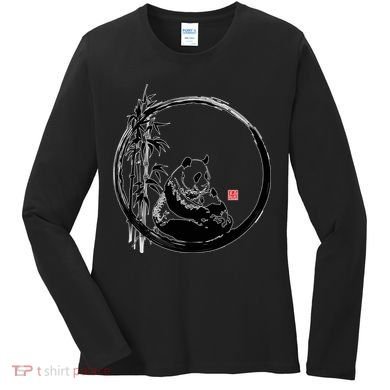Giant Panda Bamboo Japanese Ink Painting Women's Long Sleeve Shirt