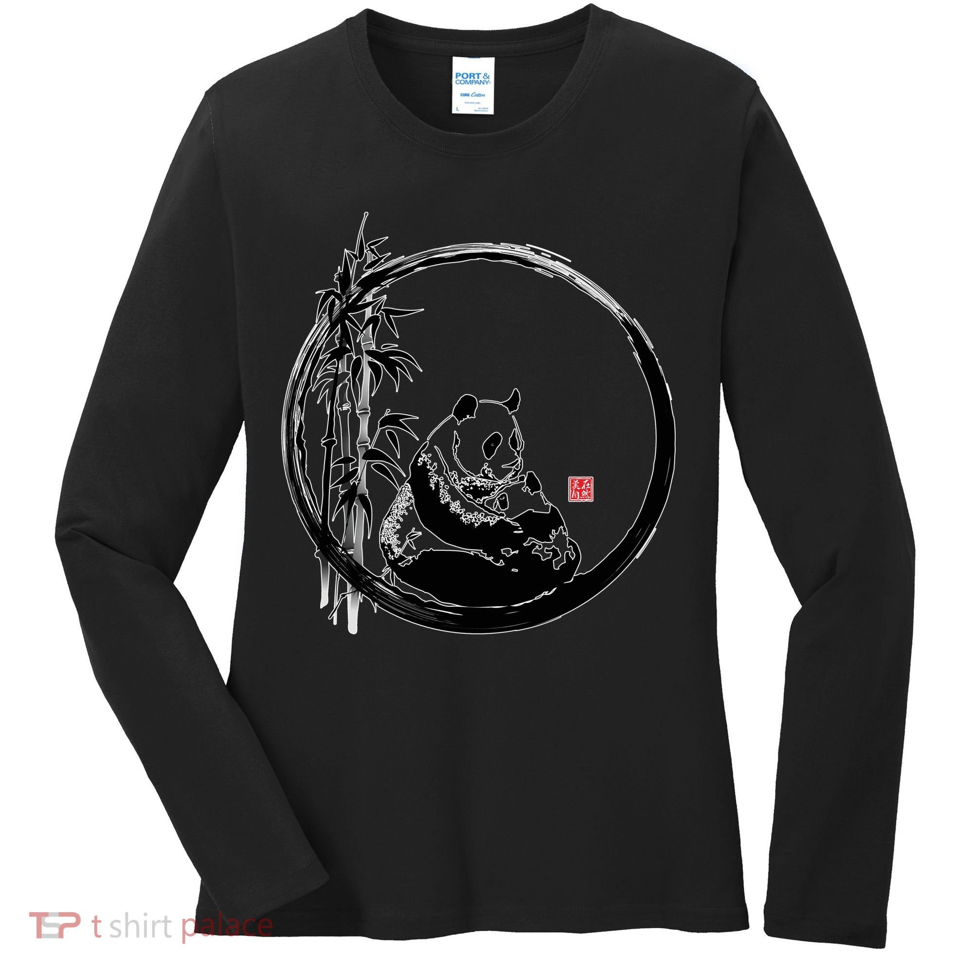 Giant Panda Bamboo Japanese Ink Painting Women's Long Sleeve Shirt