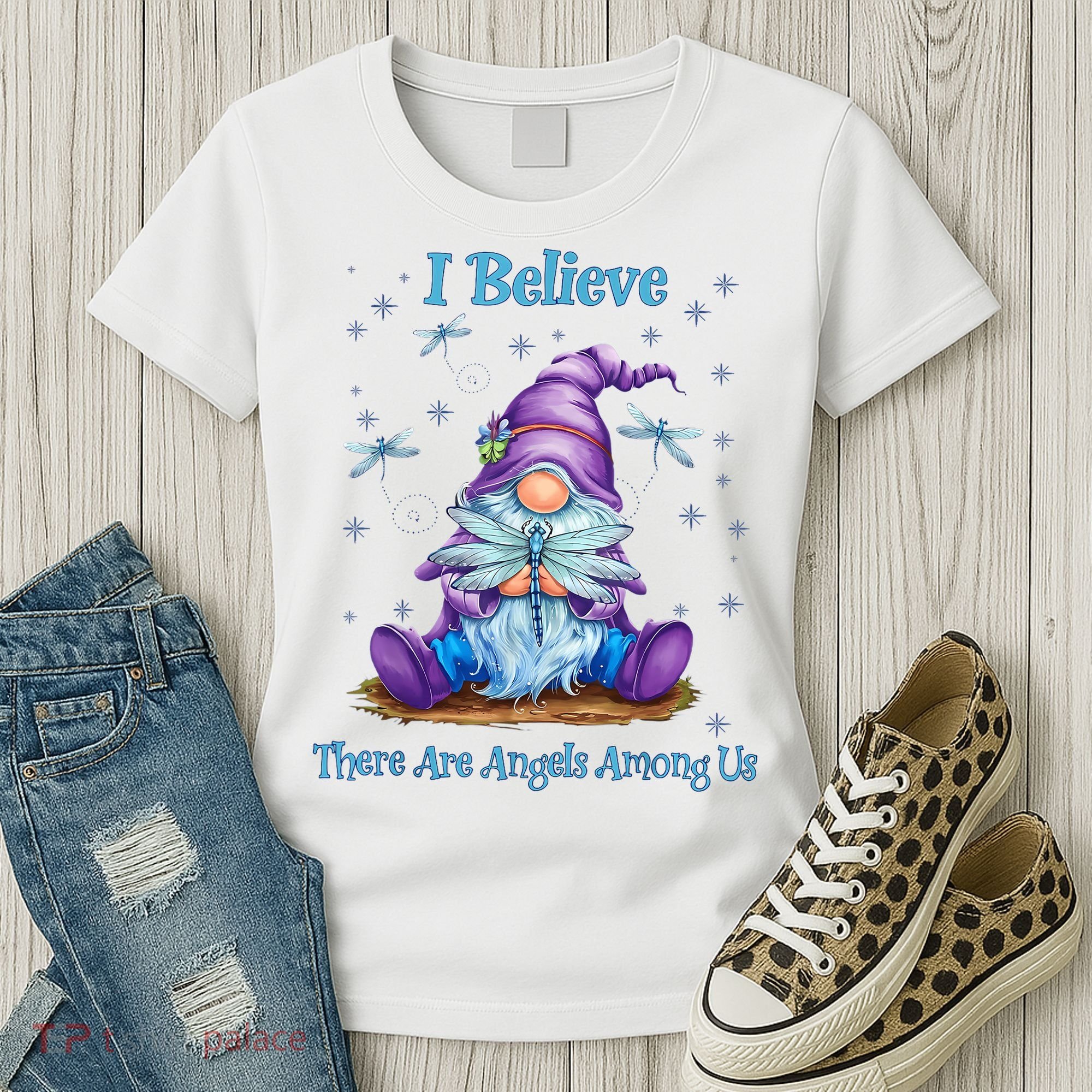 Gnome I Believe There Are Angels Among Us Dragonfly Women's T-Shirt