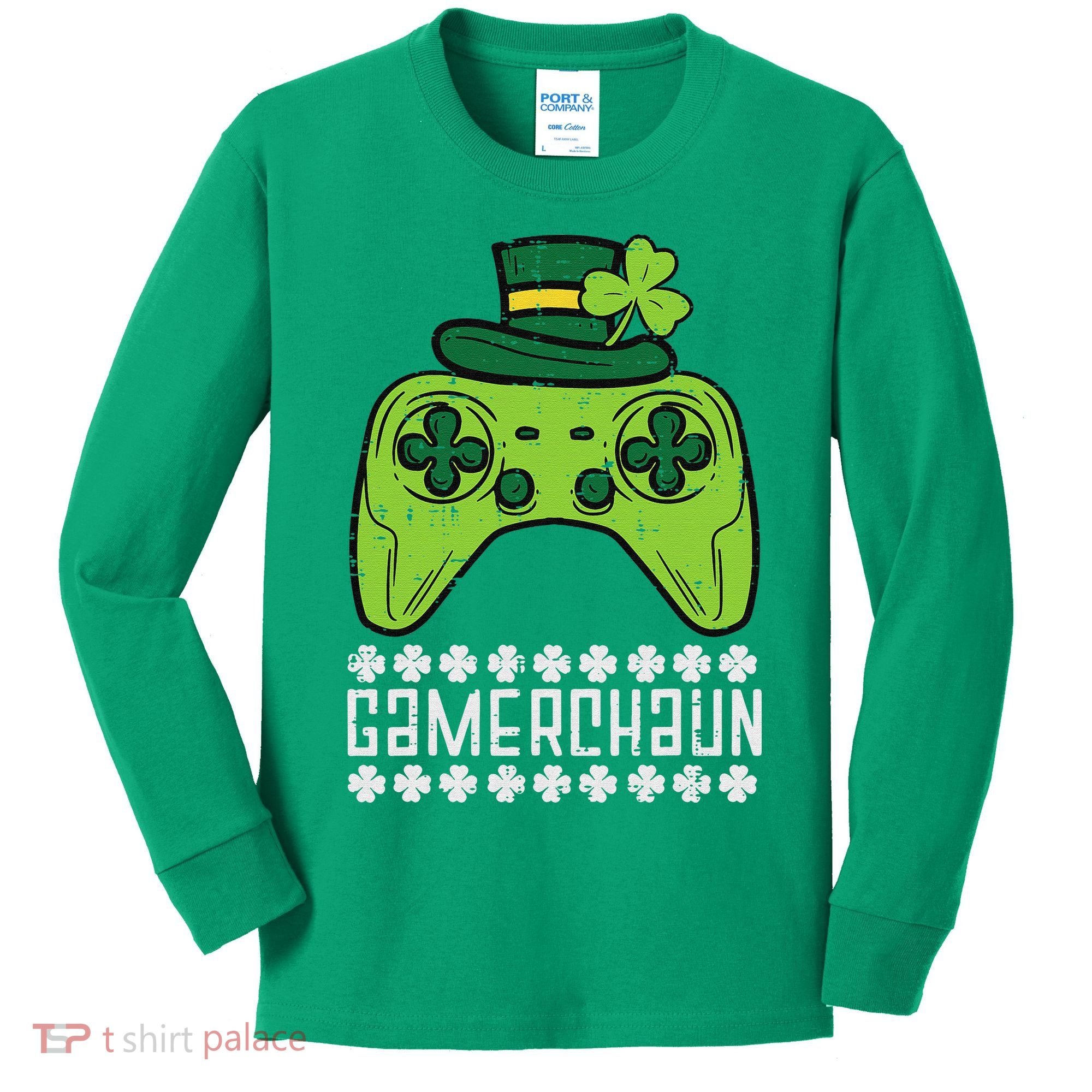 Gamerchaun Irish Gamer Paddys St Patrick Day Kids Long Sleeve Shirt