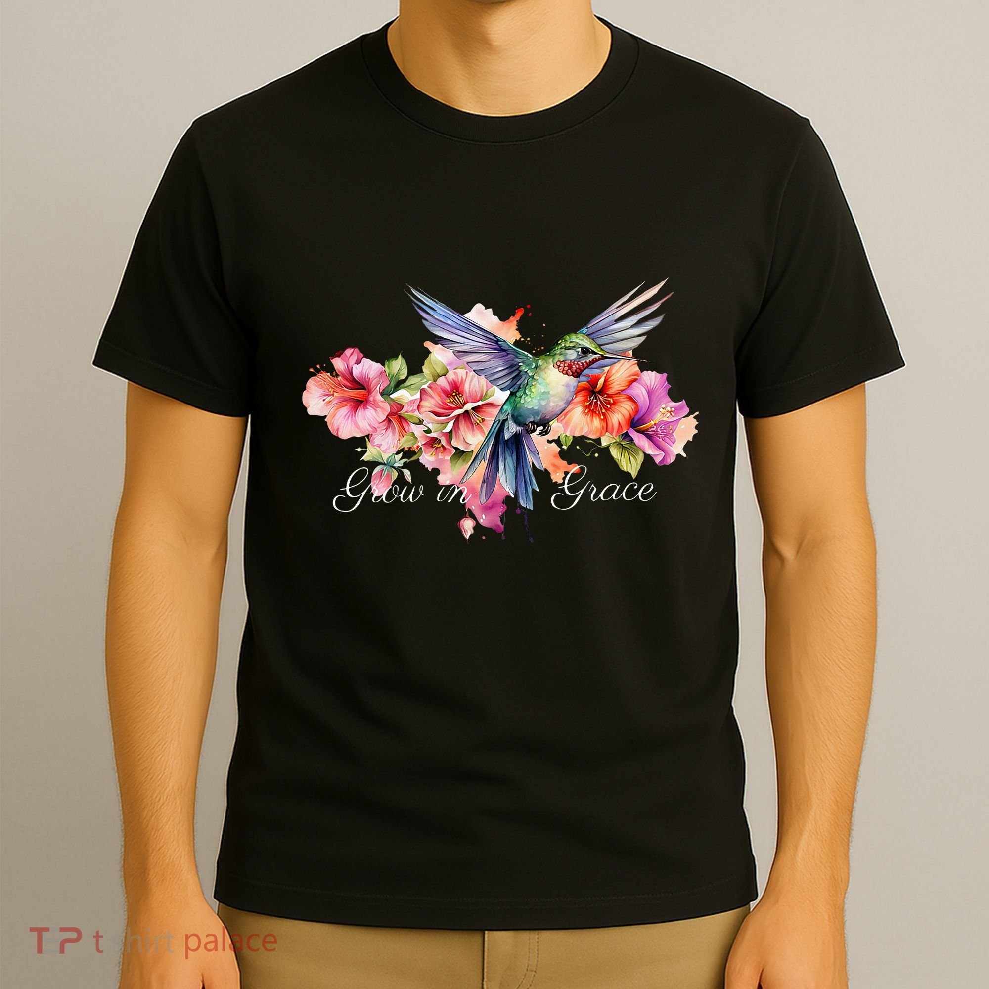 Grow In Grace Flower Hummingbird Christian Bible Verse T-Shirt