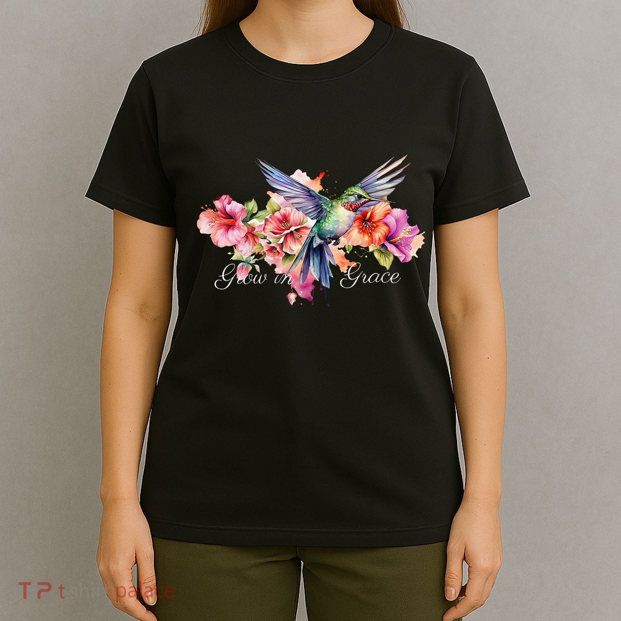 Grow In Grace Flower Hummingbird Christian Bible Verse T-Shirt