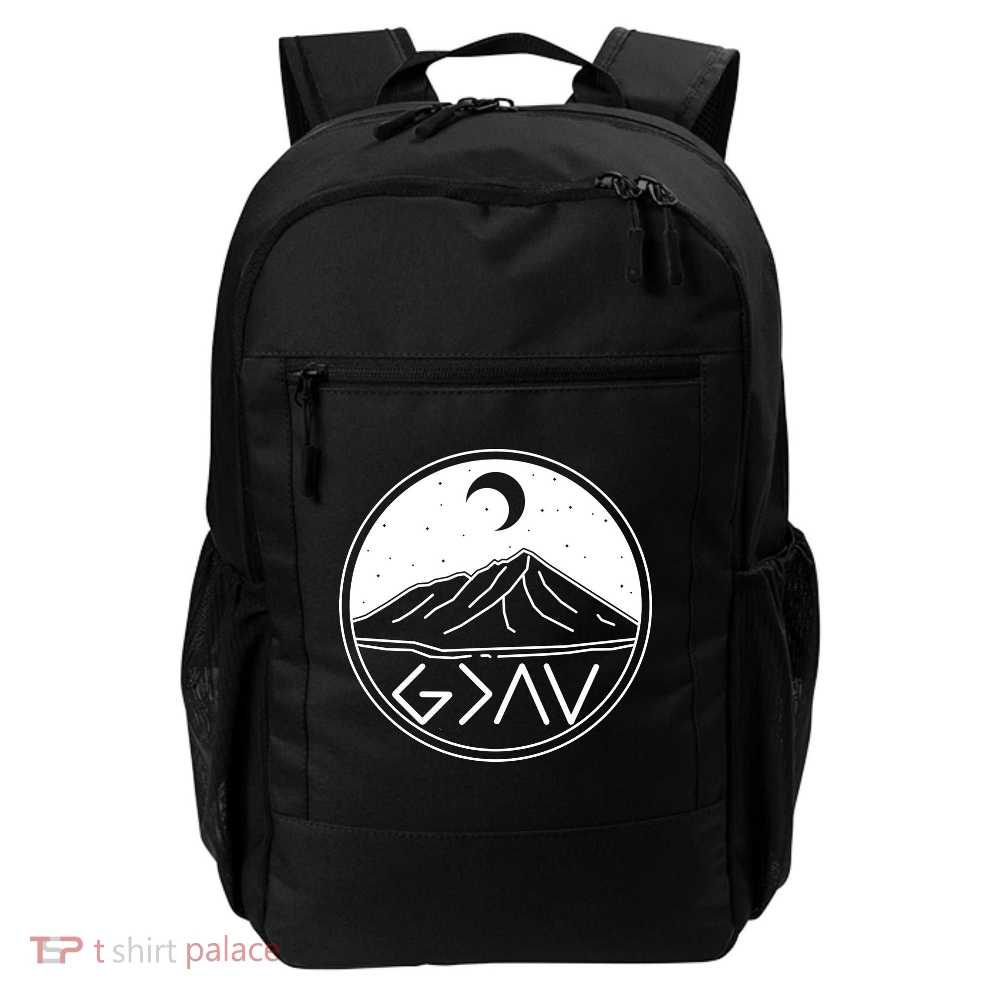 God Is Greater Than High And Lows Mountain Camping Backpack