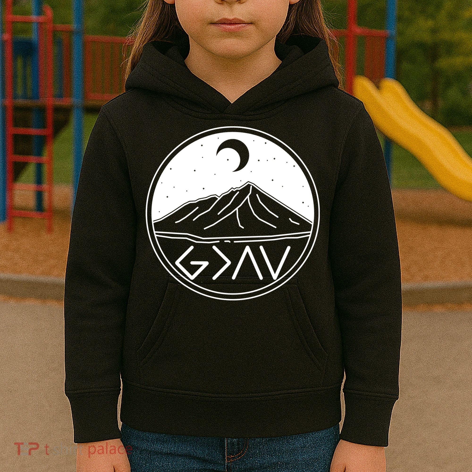 God Is Greater Than High And Lows Mountain Camping Kids Hoodie