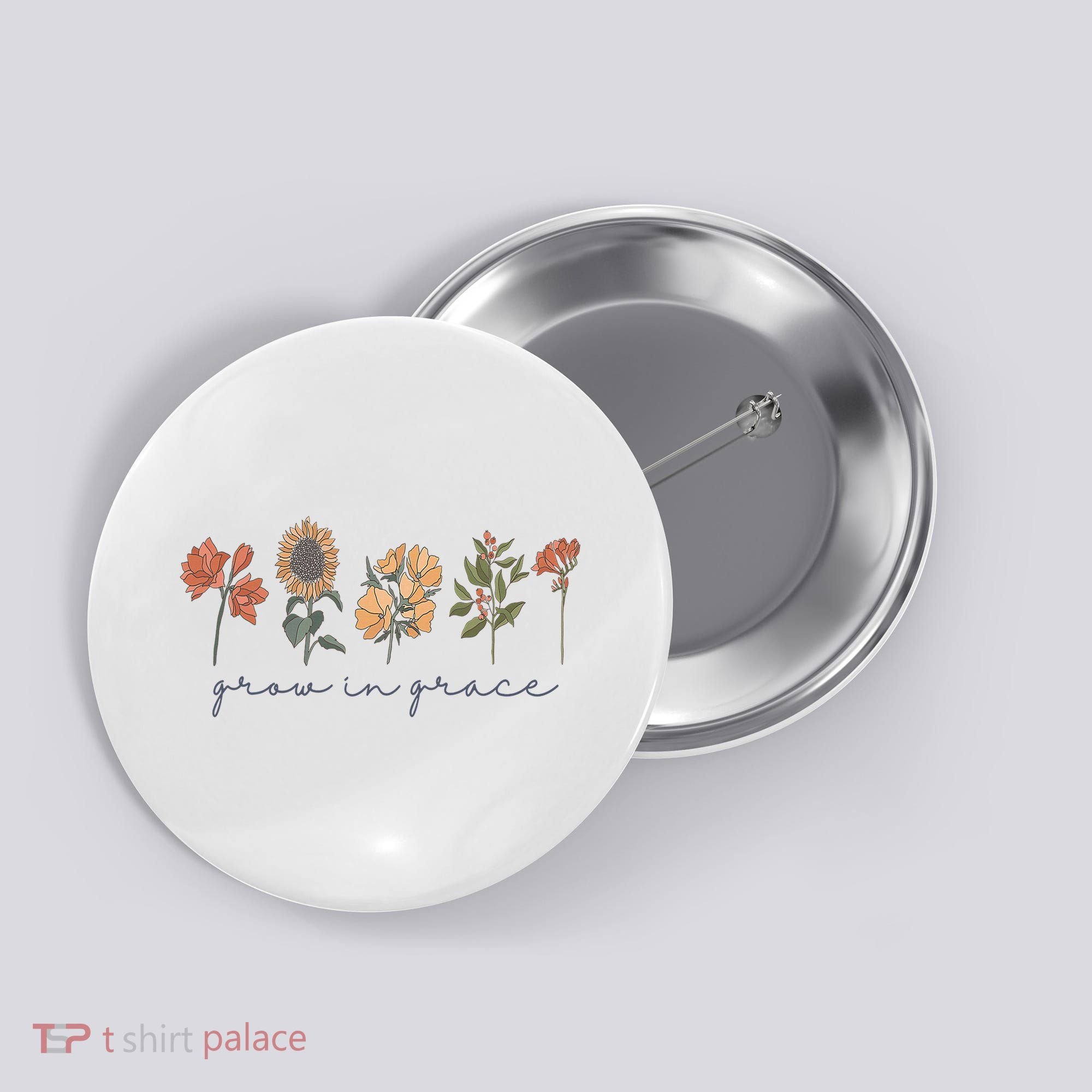 Grow In Grace Wildflower Boho Christian Scripture Religious Button