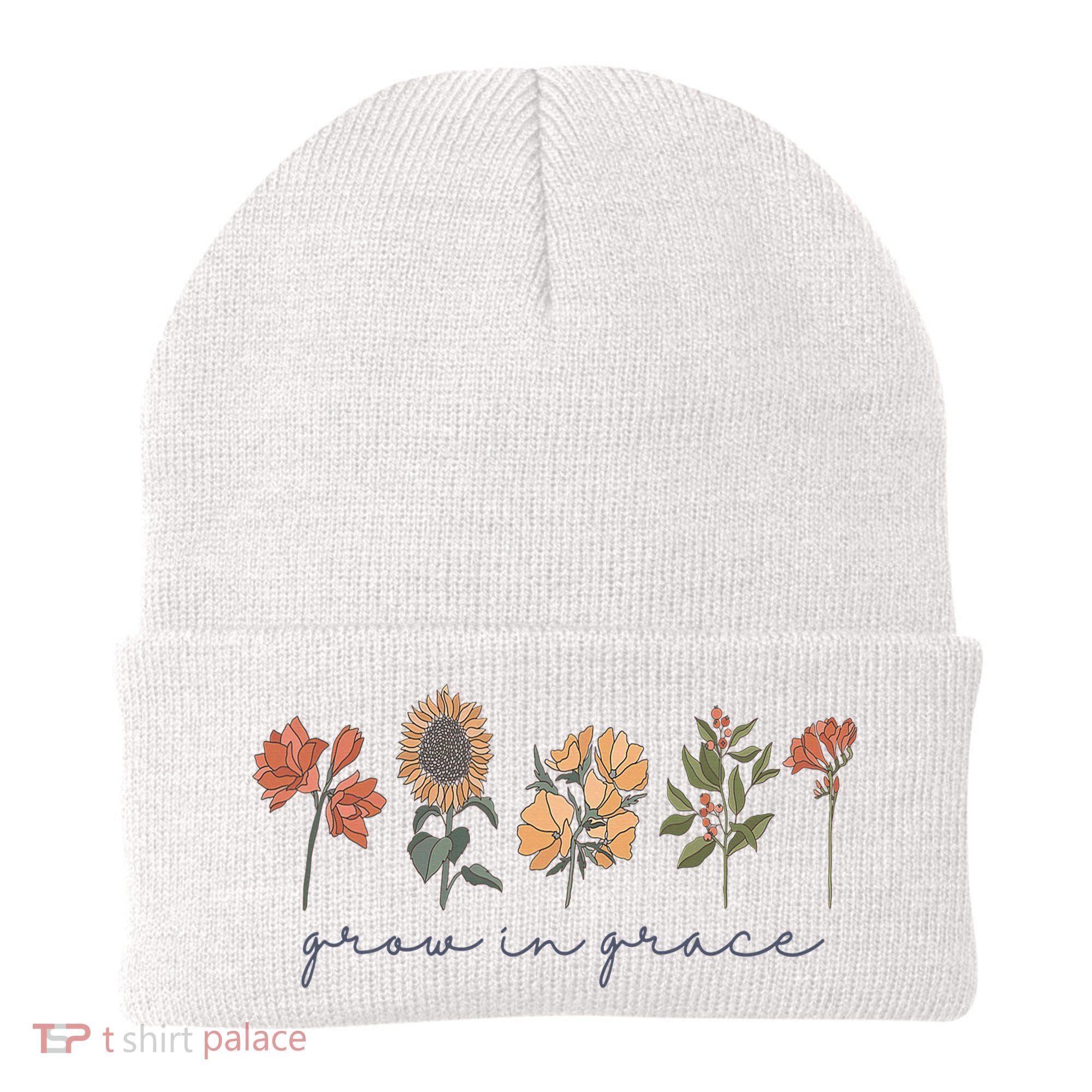 Grow In Grace Wildflower Boho Christian Scripture Religious Beanie