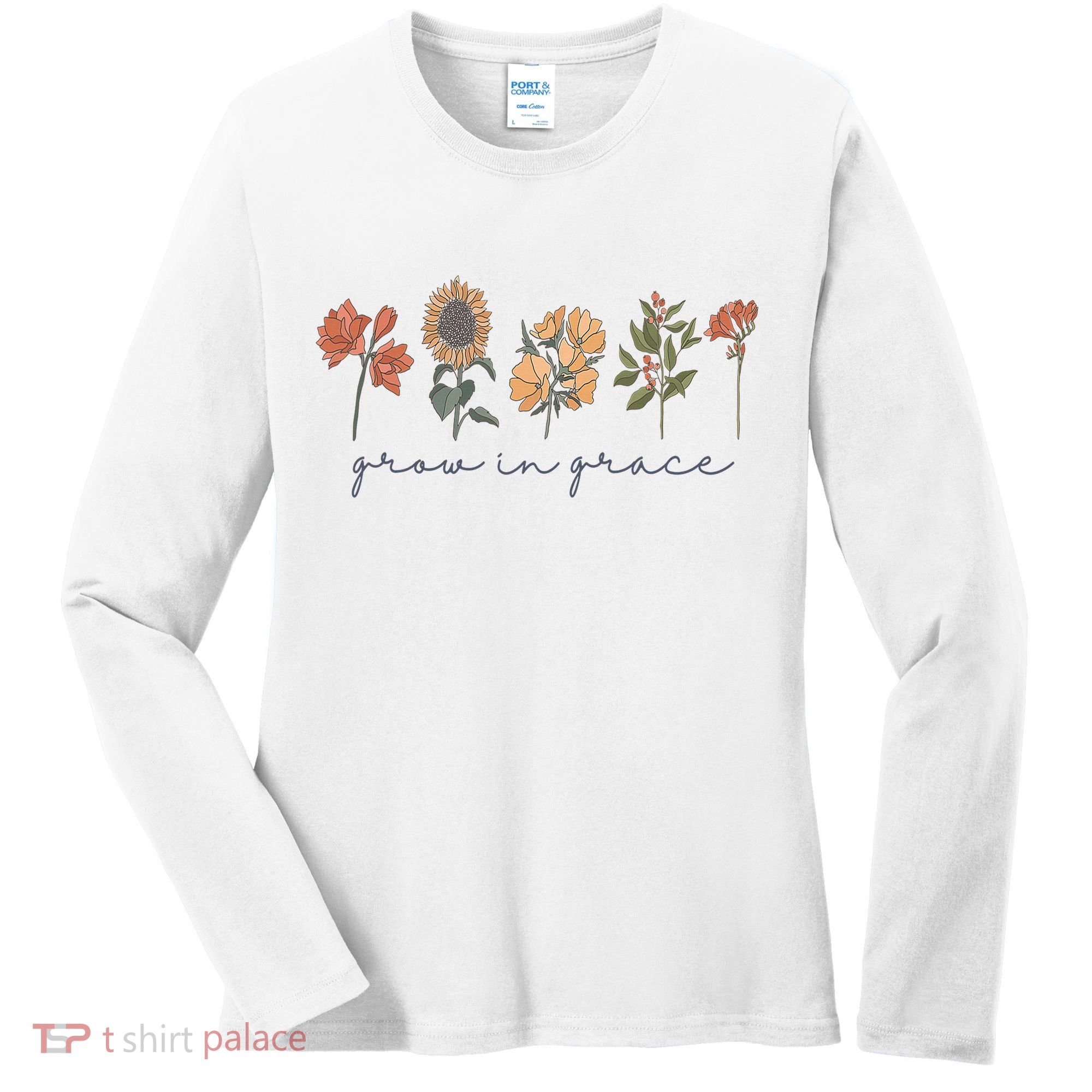 Grow In Grace Wildflower Boho Christian Scripture Religious Women's Long Sleeve Shirt