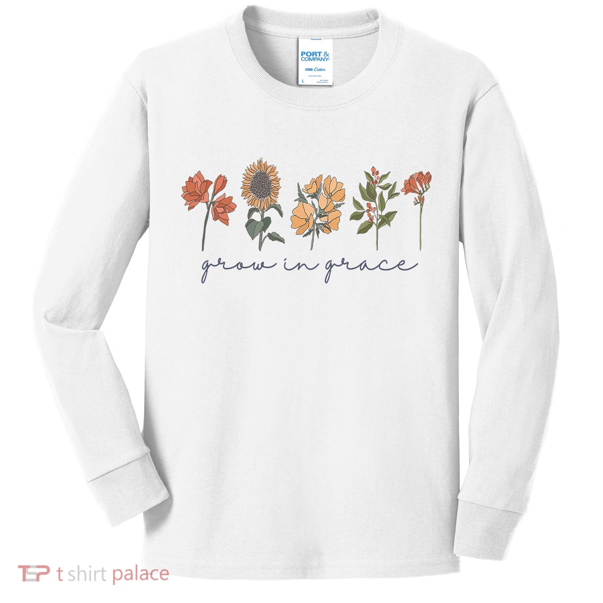 Grow In Grace Wildflower Boho Christian Scripture Religious Kids Long Sleeve Shirt
