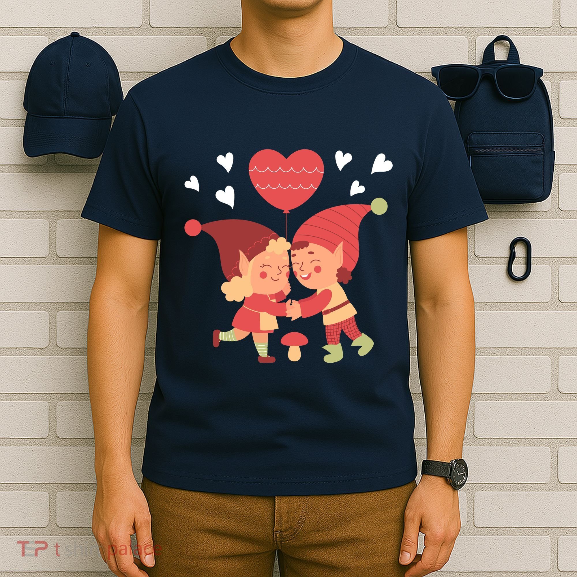 Gnomes In Love Holding Onto A Heart Balloon Happy Valentines Day T-Shirt